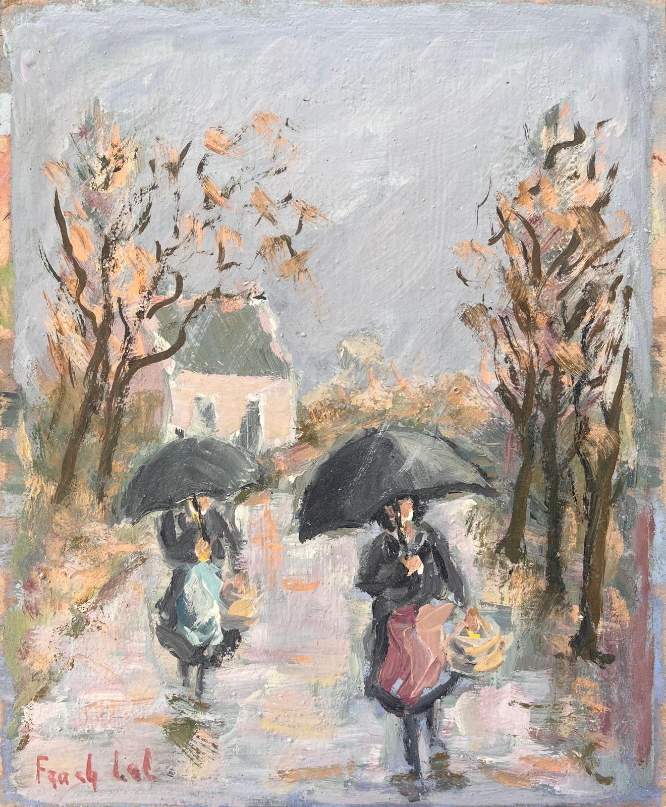 Fanch Lelrainy Market Day Scene With Women Carrying Baskets And Black Umbrellas2001