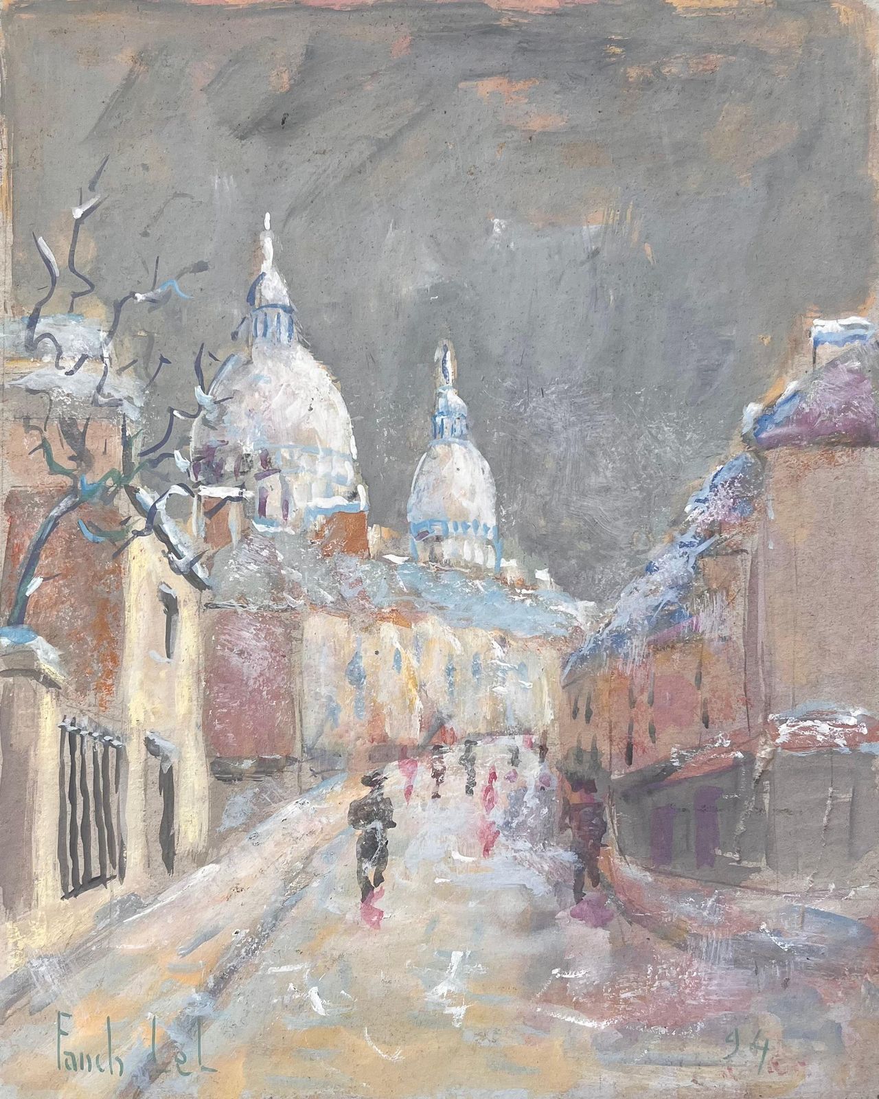 Fanch Lelimpressionist French Gouache Of Sacré Cœur Paris In Snow With Figures1994