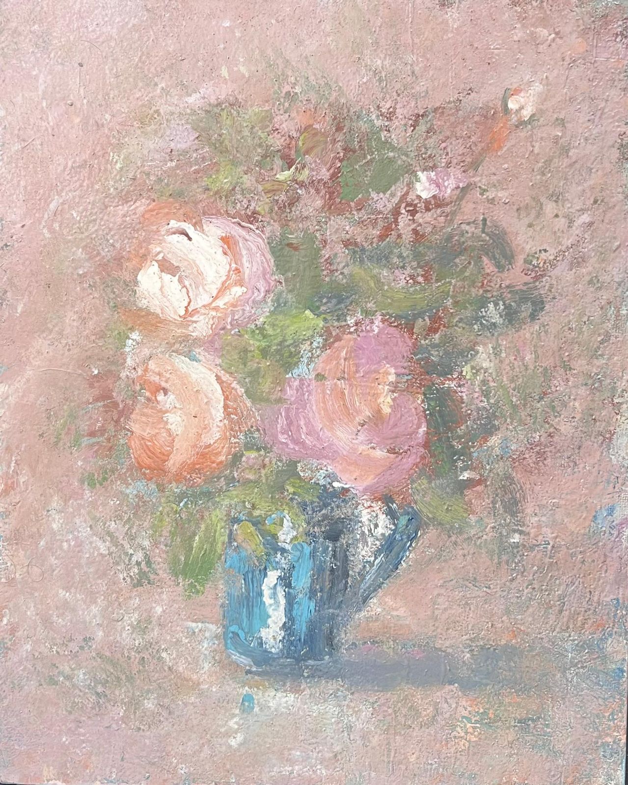 Fanch Lelpink Roses In Blue Vase Interior French Landscape Oil Painting19th Century photo 688.0