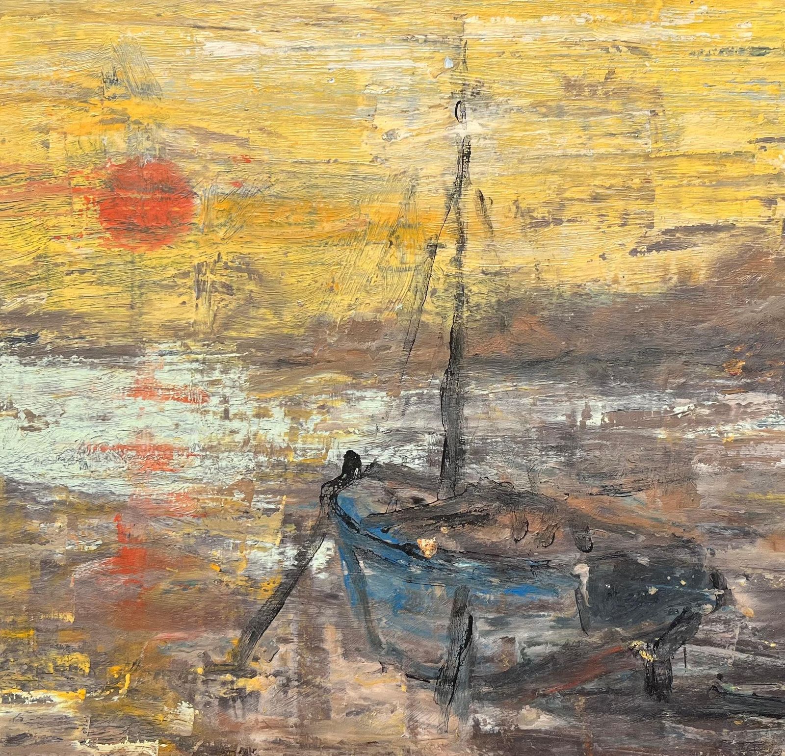 Fanch Lelfrench Impressionist Seascape Of Moored Boat At Sunset With Yellow Sky photo buy