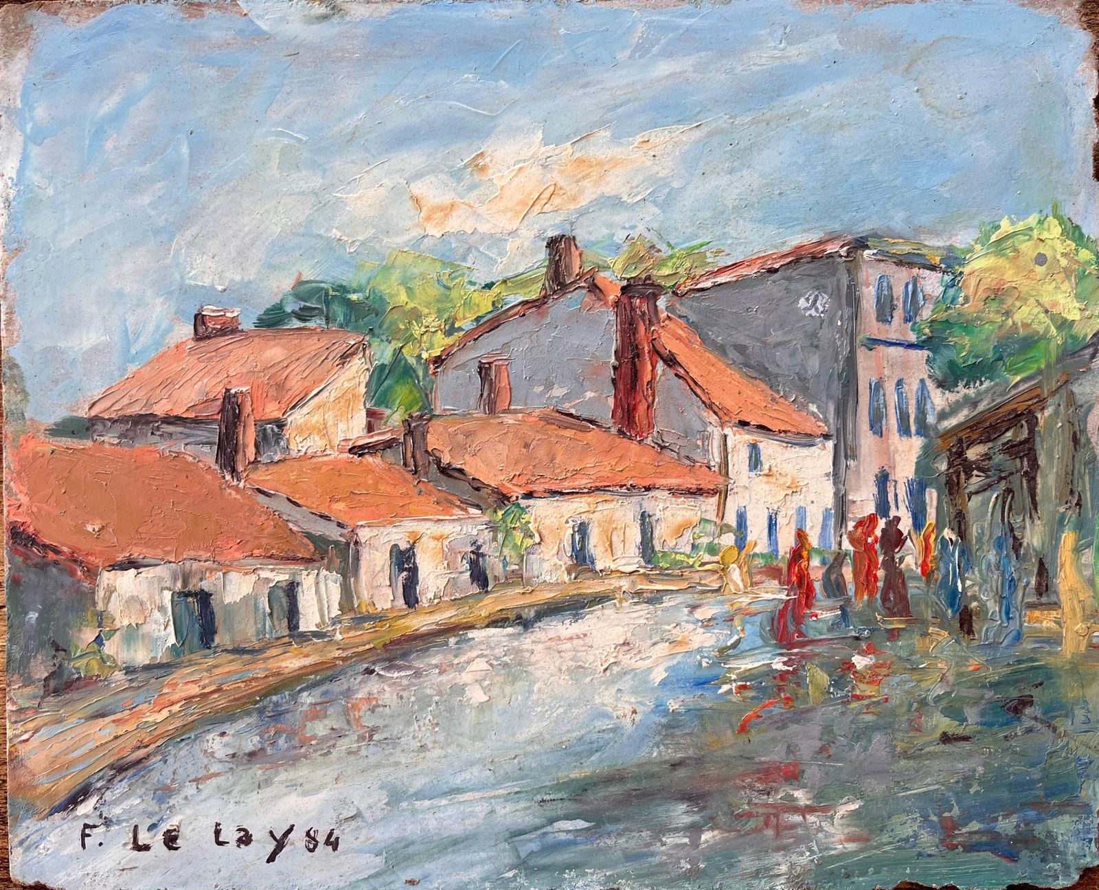 F. Le Layimpressionist French Village Market Scene With Red Roofs And Figures1984