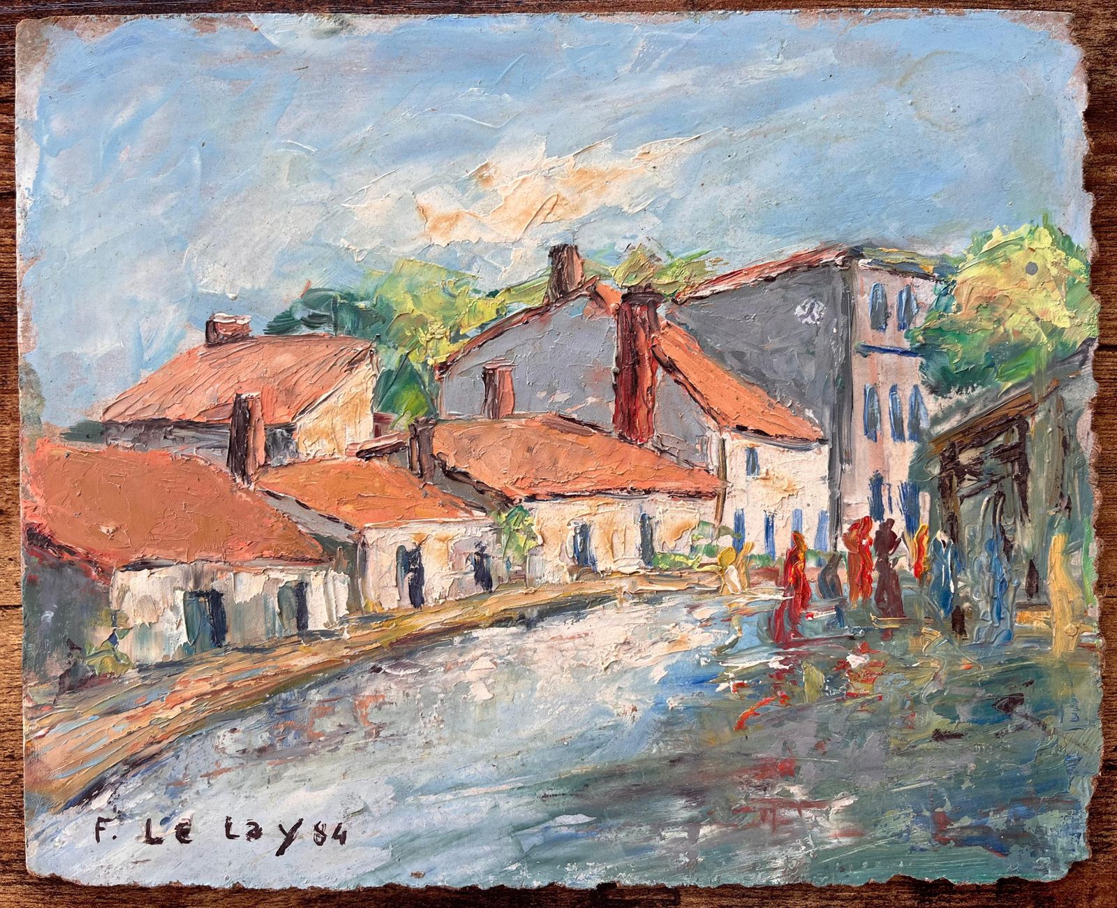 F. Le Layimpressionist French Village Market Scene With Red Roofs And Figures1984 photo furniture