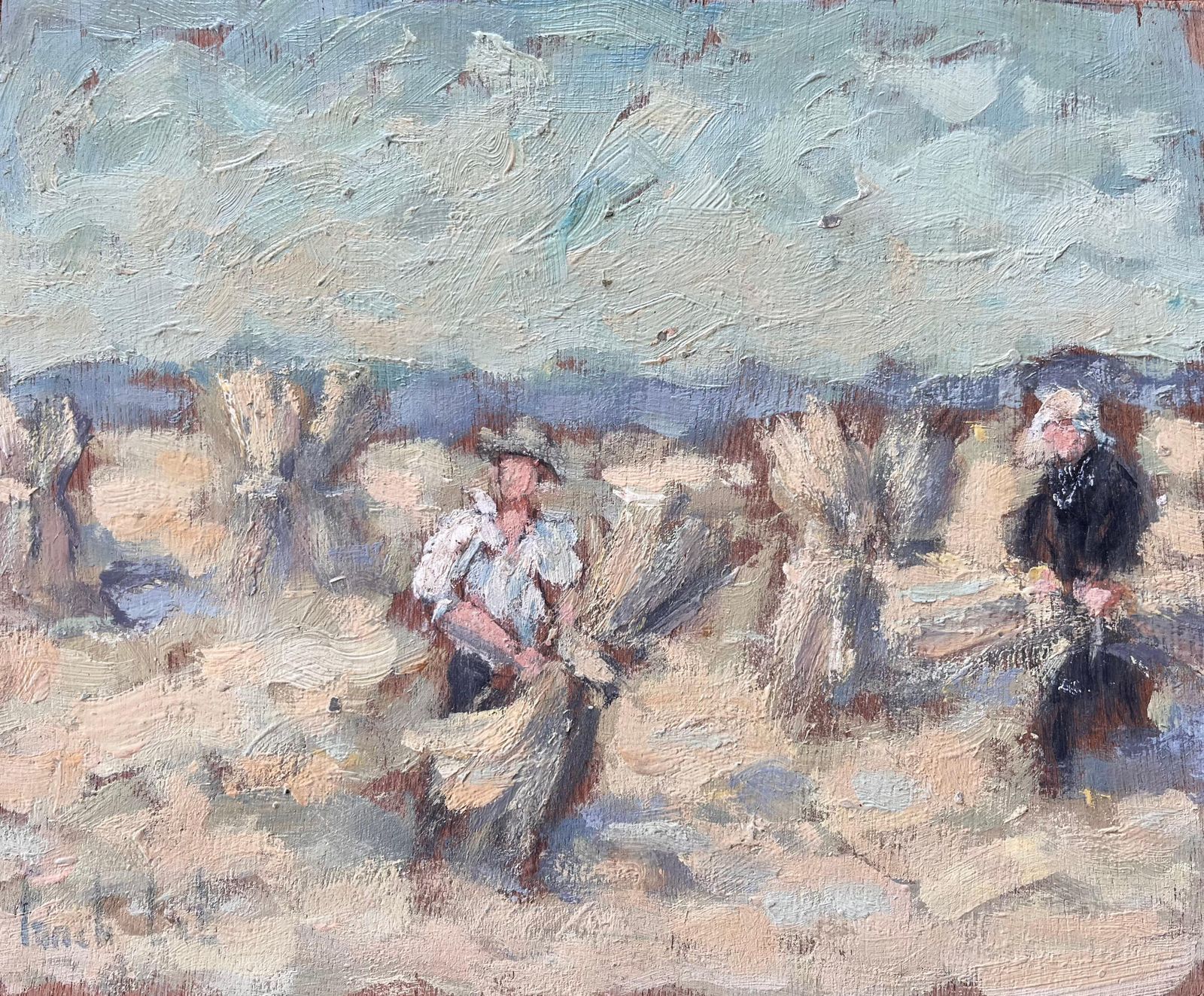 Fanch Lelfrench Impressionist Oil Of Farmers Harvesting Wheat In Morning Light