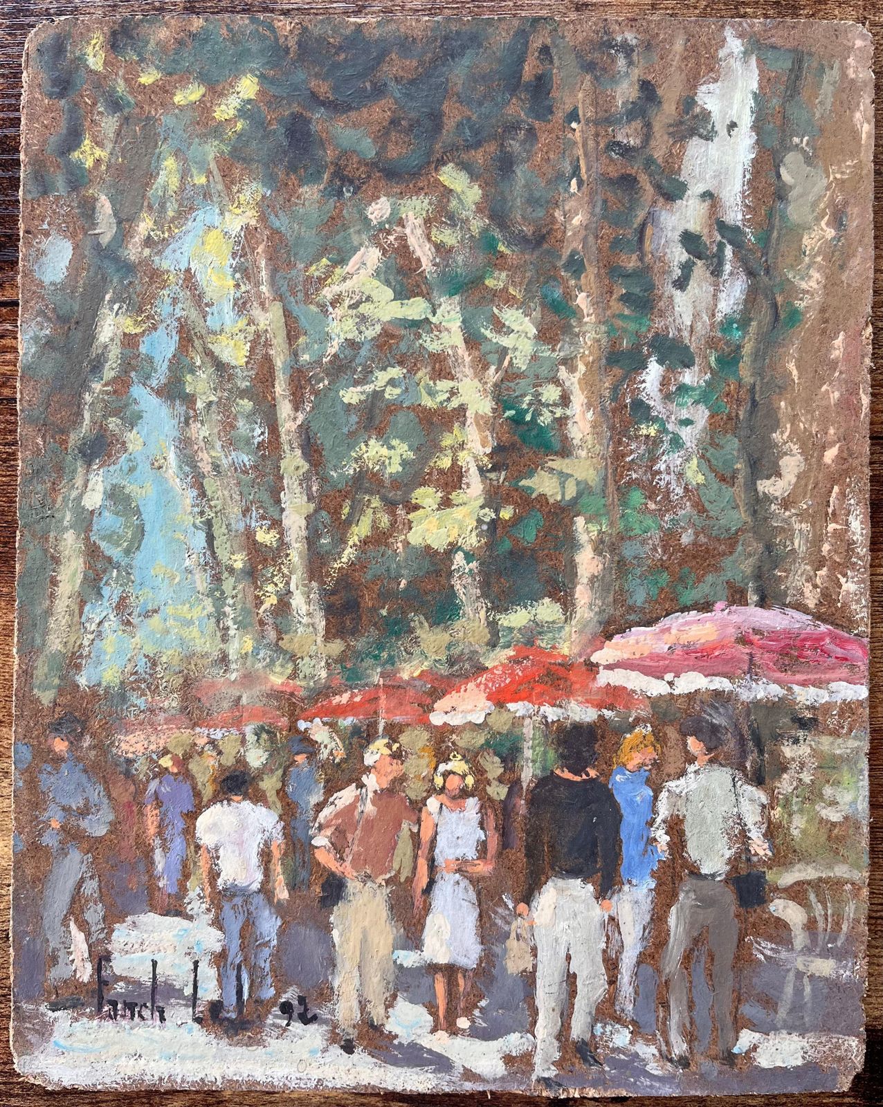 Fanch Lelimpressionist Promenade Scene With Red Parasols In Aix En Provence1992 photo for sale