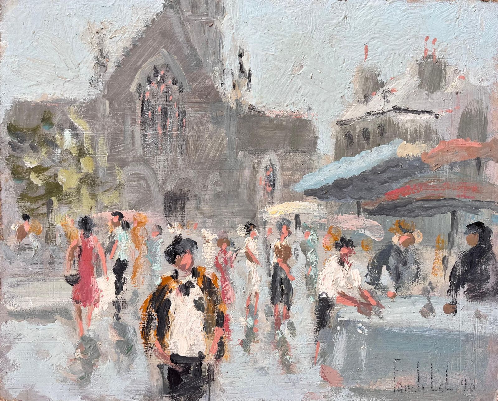 Fanch Lelfrench Impressionist Market Scene At Dinan With Church And Figures1998