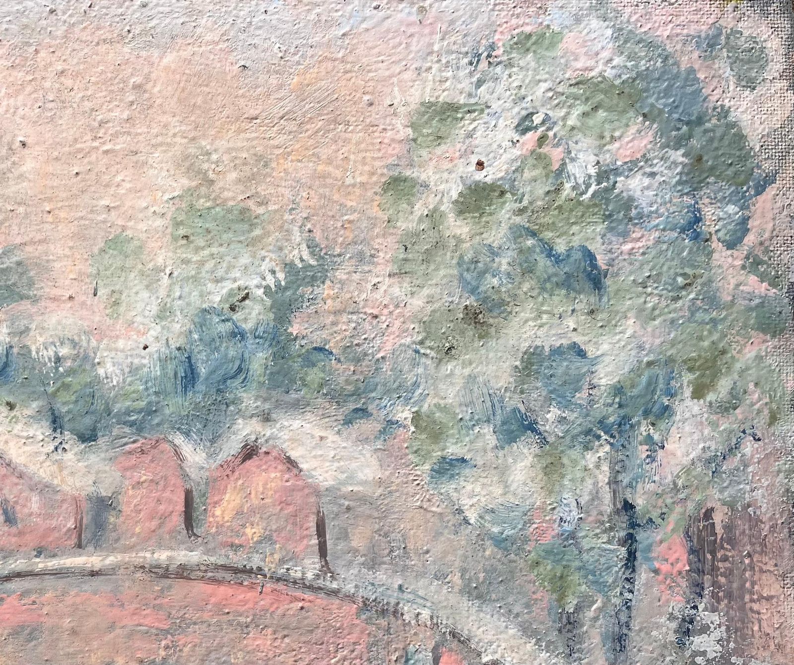 Fanch Lelfrench Impressionist Pastel Landscape Of Arched Bridge And Riverside Cottages photo Art