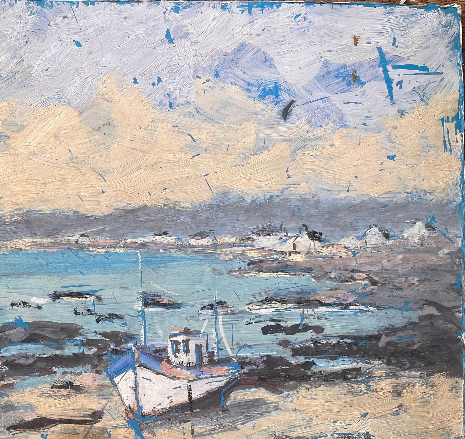 Fanch Lelimpressionist Coastal Scene Of Fishing Boats At Low Tide With Bridge View1993 photo Art