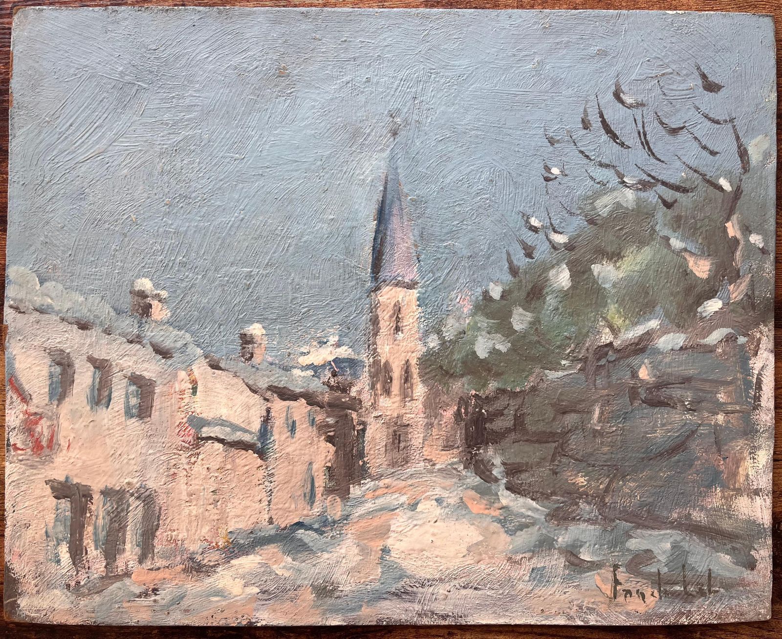 Fanch Lelfrench Impressionist Winter Street Scene With Church Spire And Snow photo furniture