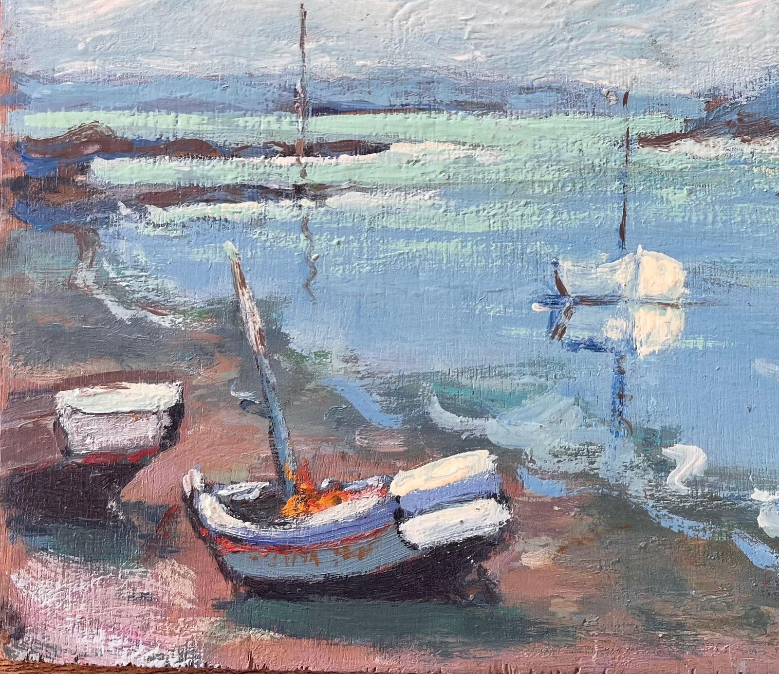 Fanch Lelfrench Coastal Painting Of Boats At Low Tide In La Richardais In Brittany photo for sale