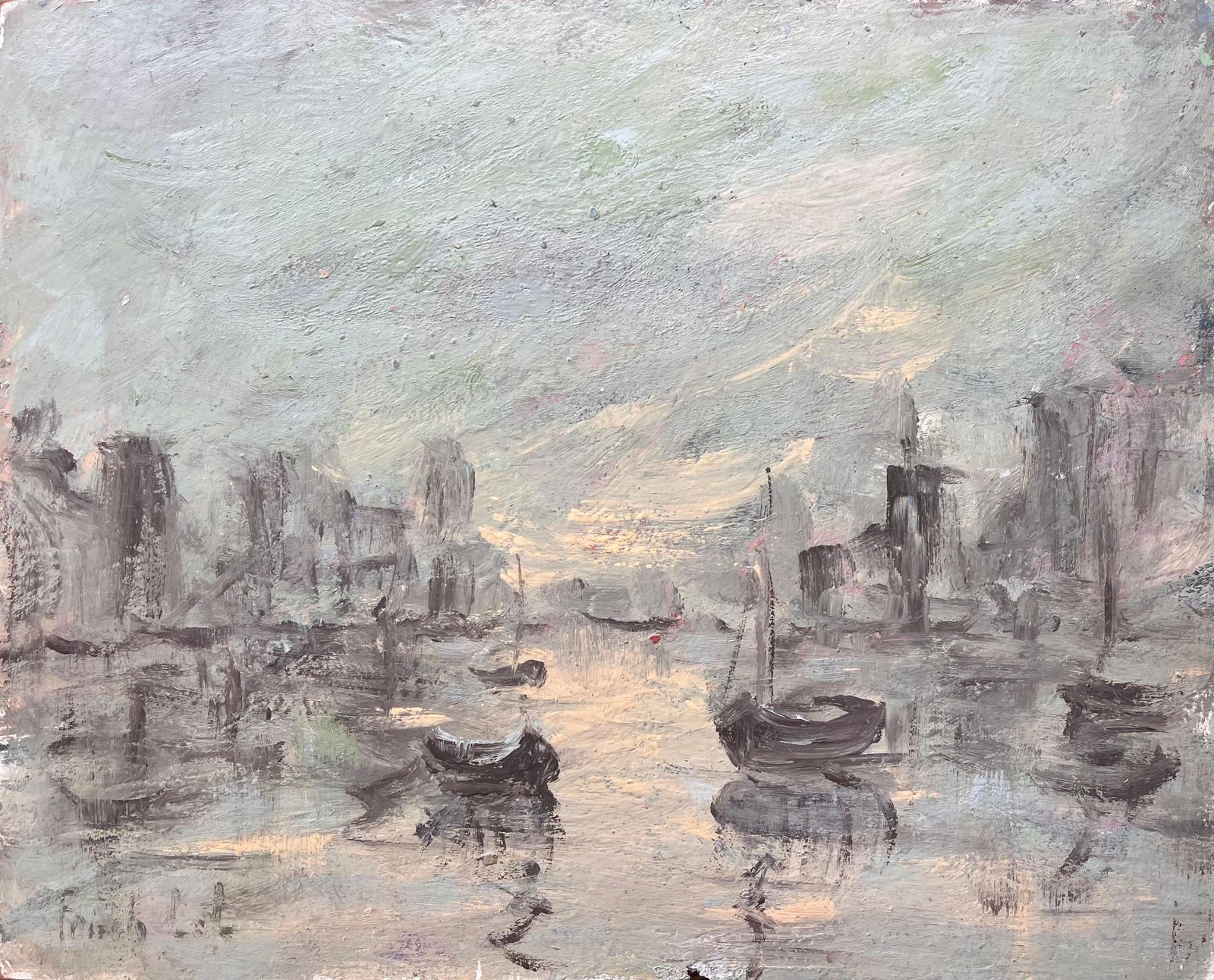 Fanch Lelmoody Monochrome Harbor Scene With Reflections And Fishing Boats