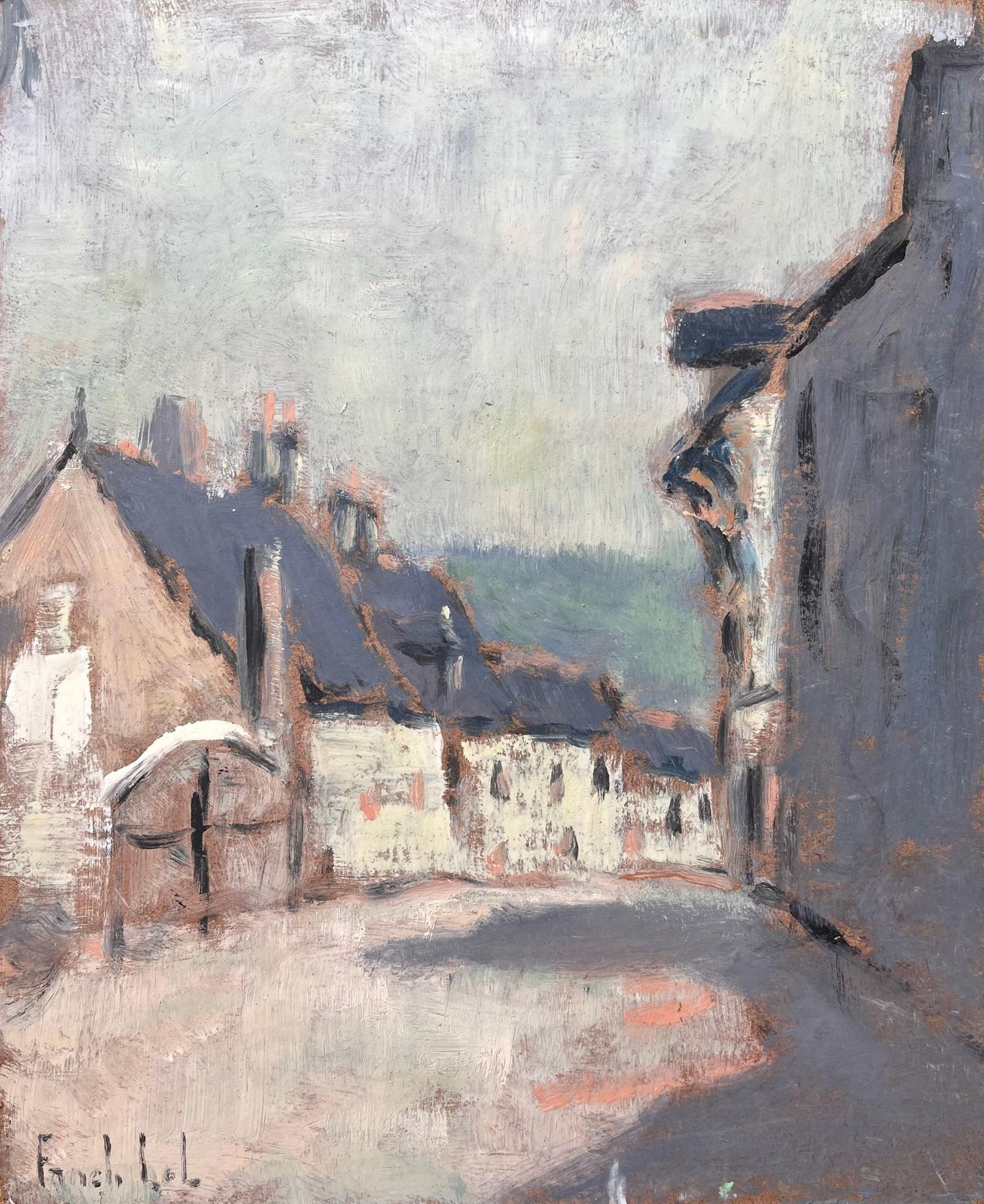 Fanch Lelimpressionist Muted Street Scene With Pale Yellow Stone Houses And Slate Roofs