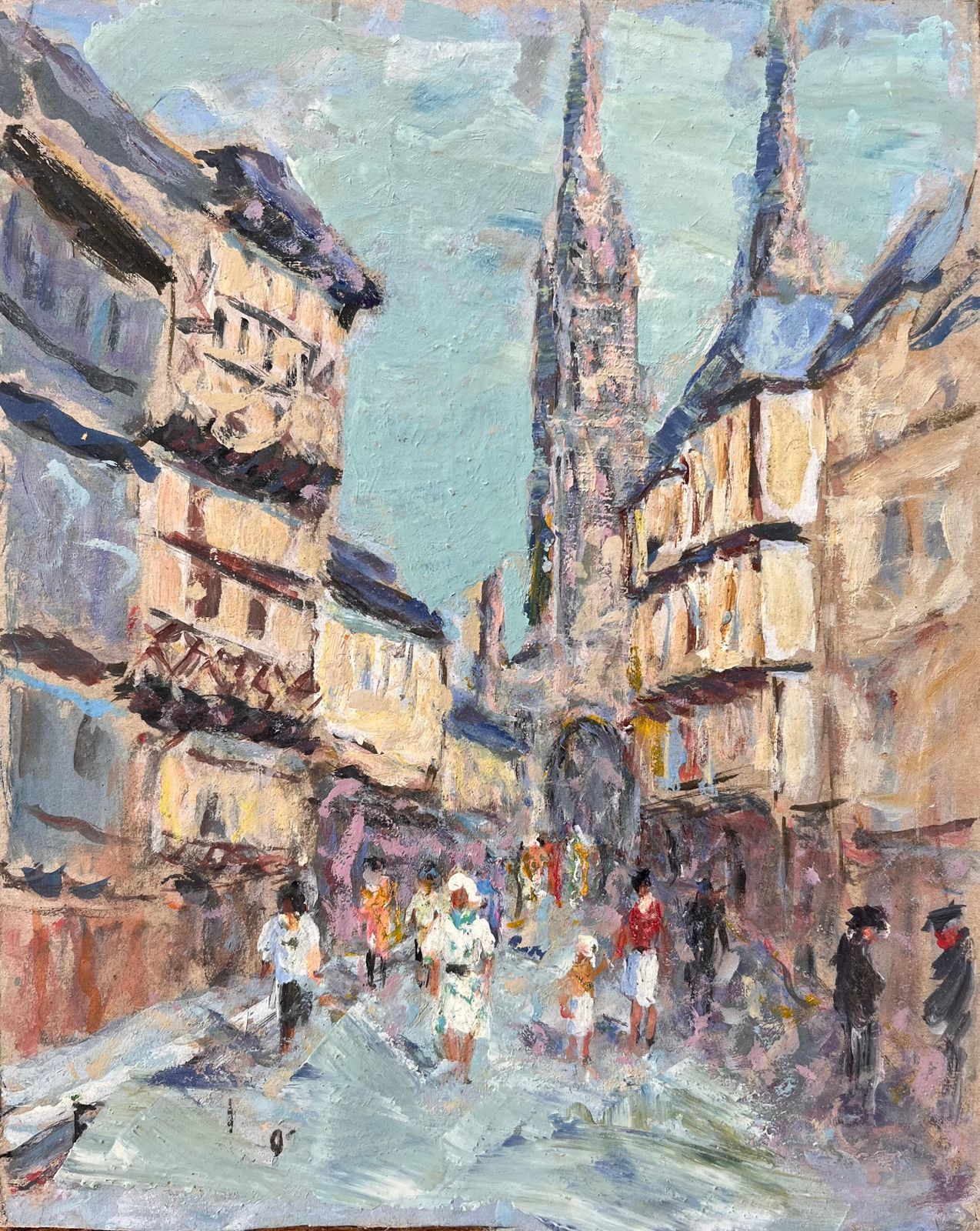 Fanch Lelfrench Impressionist Street Scene With Cathedral And Timbered Houses2003