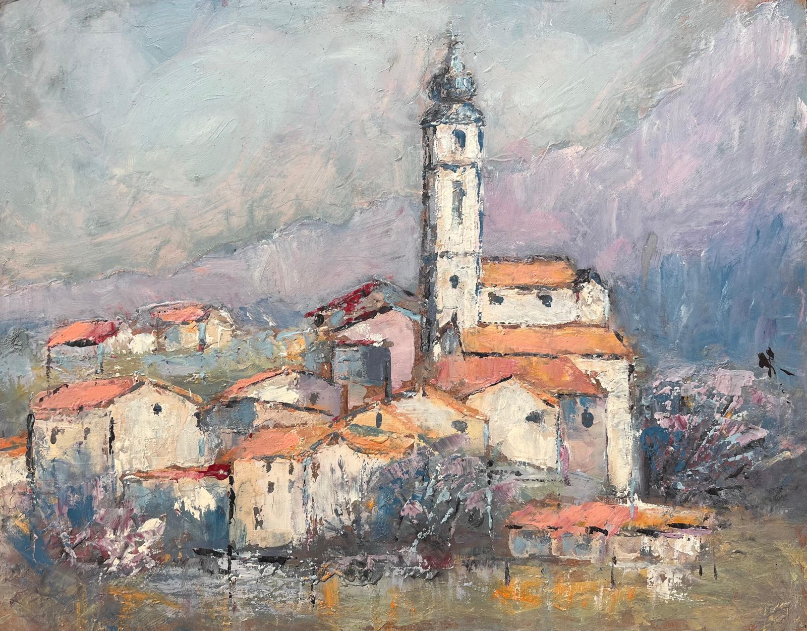 Fanch Lelfrench Impressionist Mountain Village With Church Tower And Red Tiled Roofs