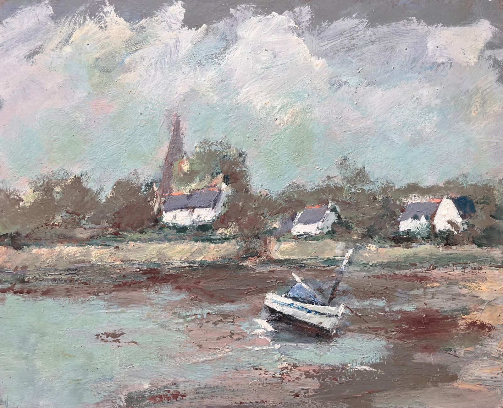 Fanch Lelfrench Impressionist Riverbank Scene With Sailboat And Church Spire