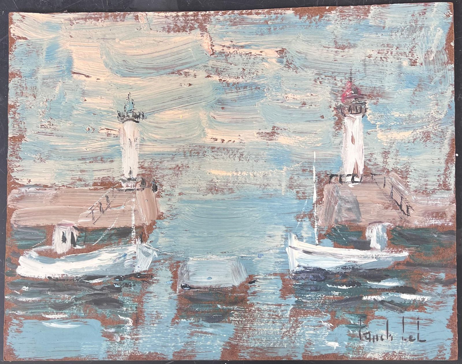 Fanch Lelboats Docked At Lighthouse Bay In The Blue Sea French Landscape Oil Painting19th Century photo furniture