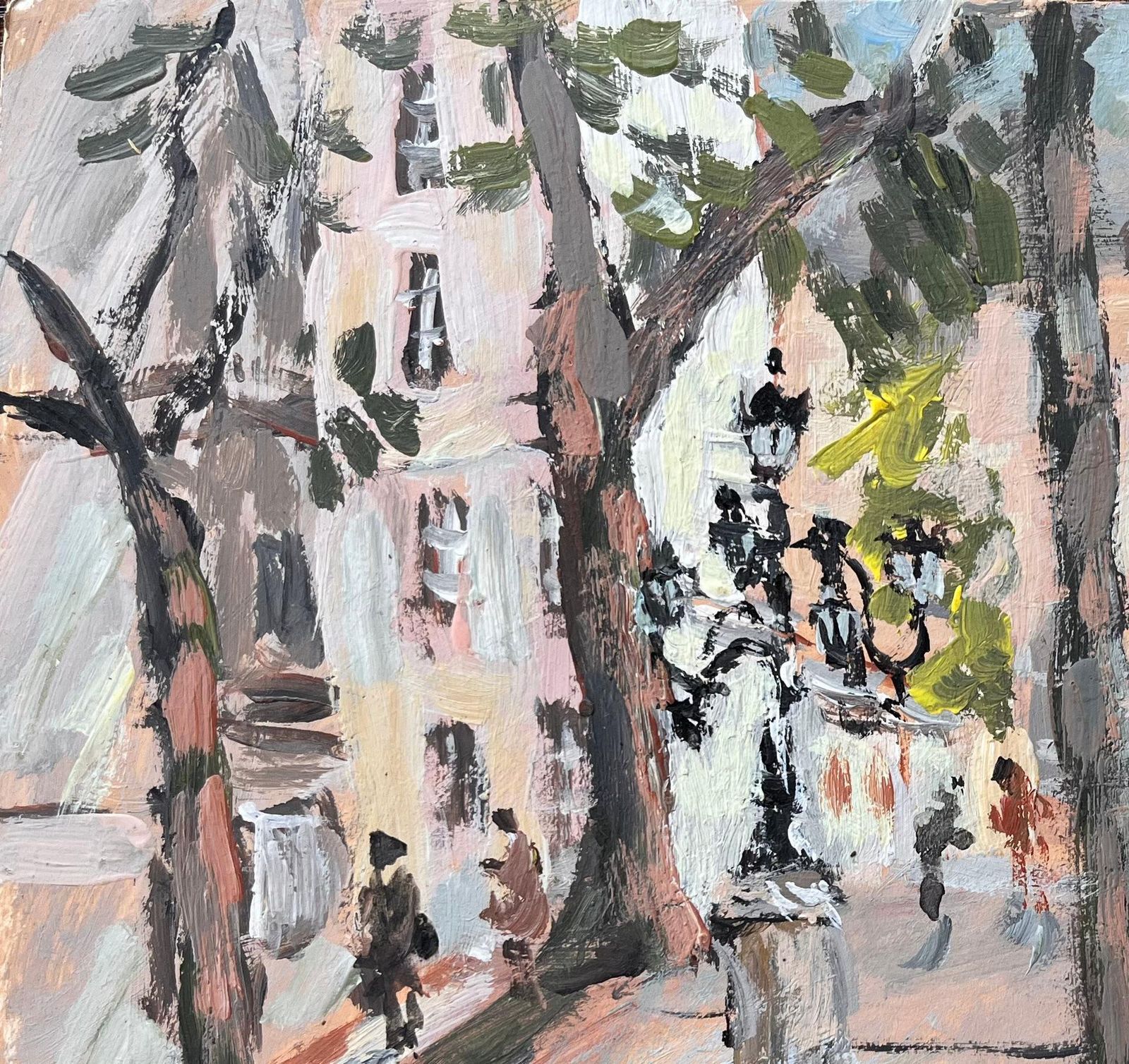 Fanch Lelimpressionist Tree Lined Parisian Square With Pedestrians And Historic Facades photo for sale
