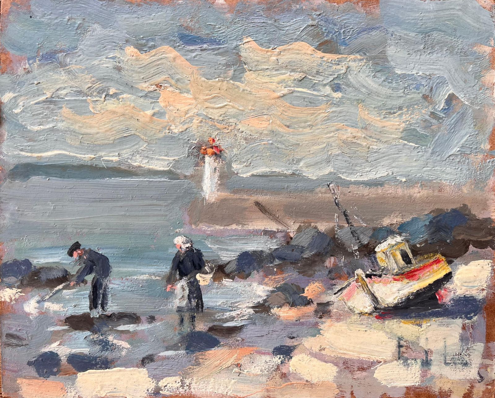 Fanch Lelimpressionist Coastal Fishing Scene With Lighthouse And Beached Boat In Erquy