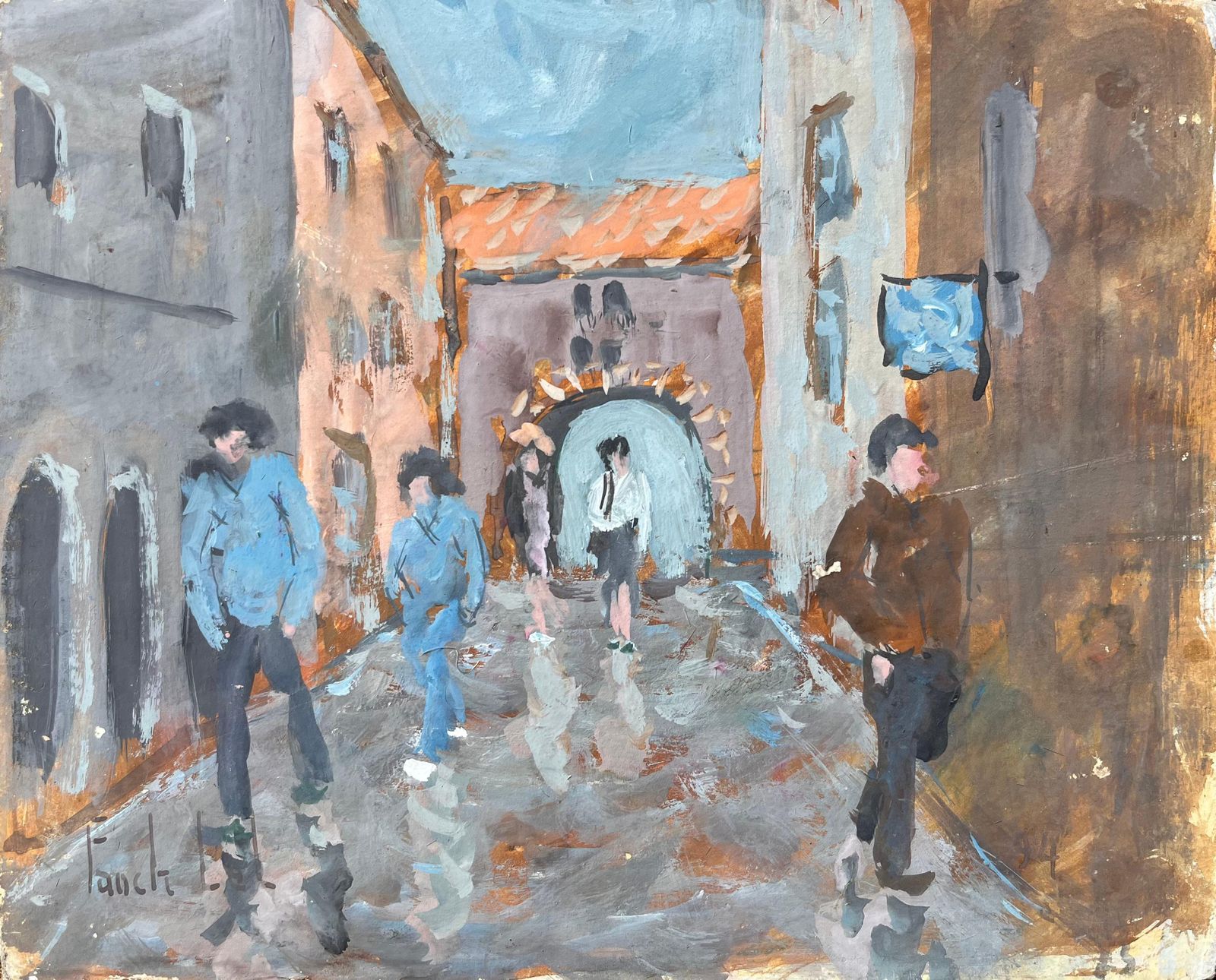 Fanch Lelmodern Impressionist Street Scene With Figures And Archway In A European Village