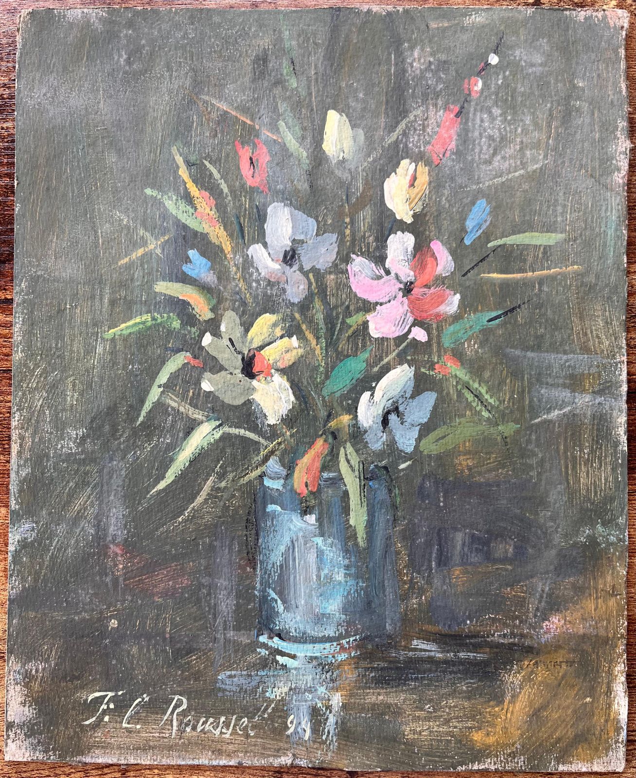 F.L. Rousselfrench Impressionist Still Life Of Wildflowers In Blue Glass Jar1994 photo furniture