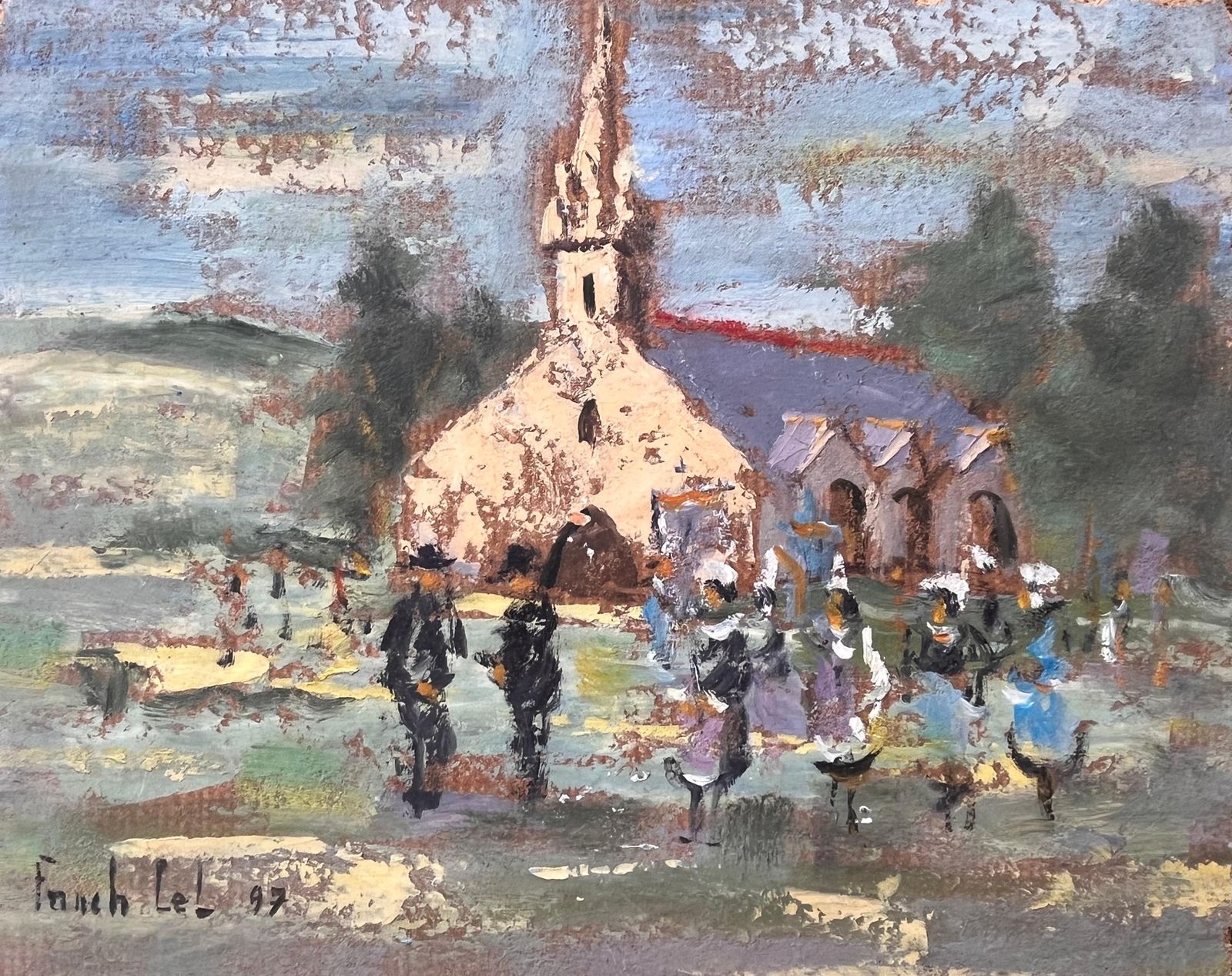Fanch Lelbreton Village Church Scene With Traditional Procession In Folk Costume1997
