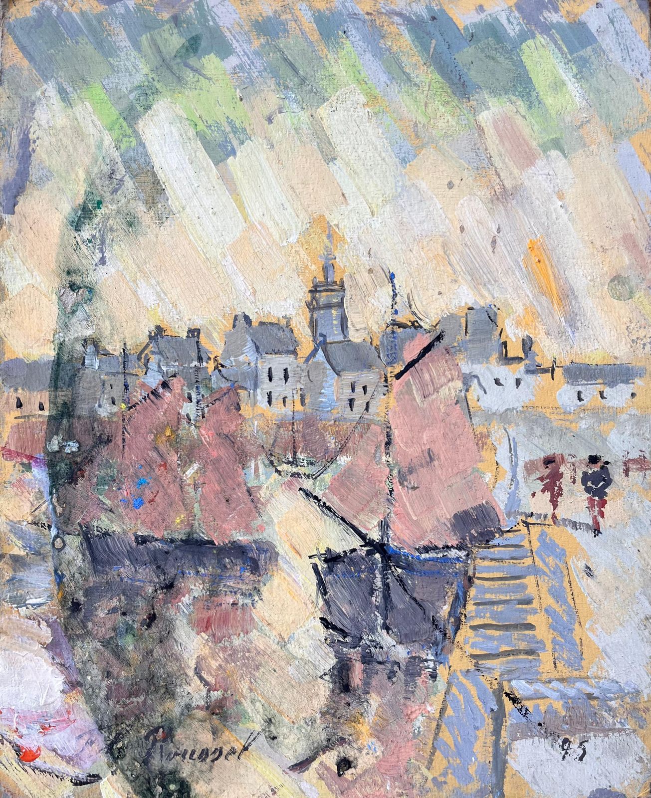 F.T Rousselfrench Abstract Port Scene Framed By Sailing Boats And Classic Town Architecture1995