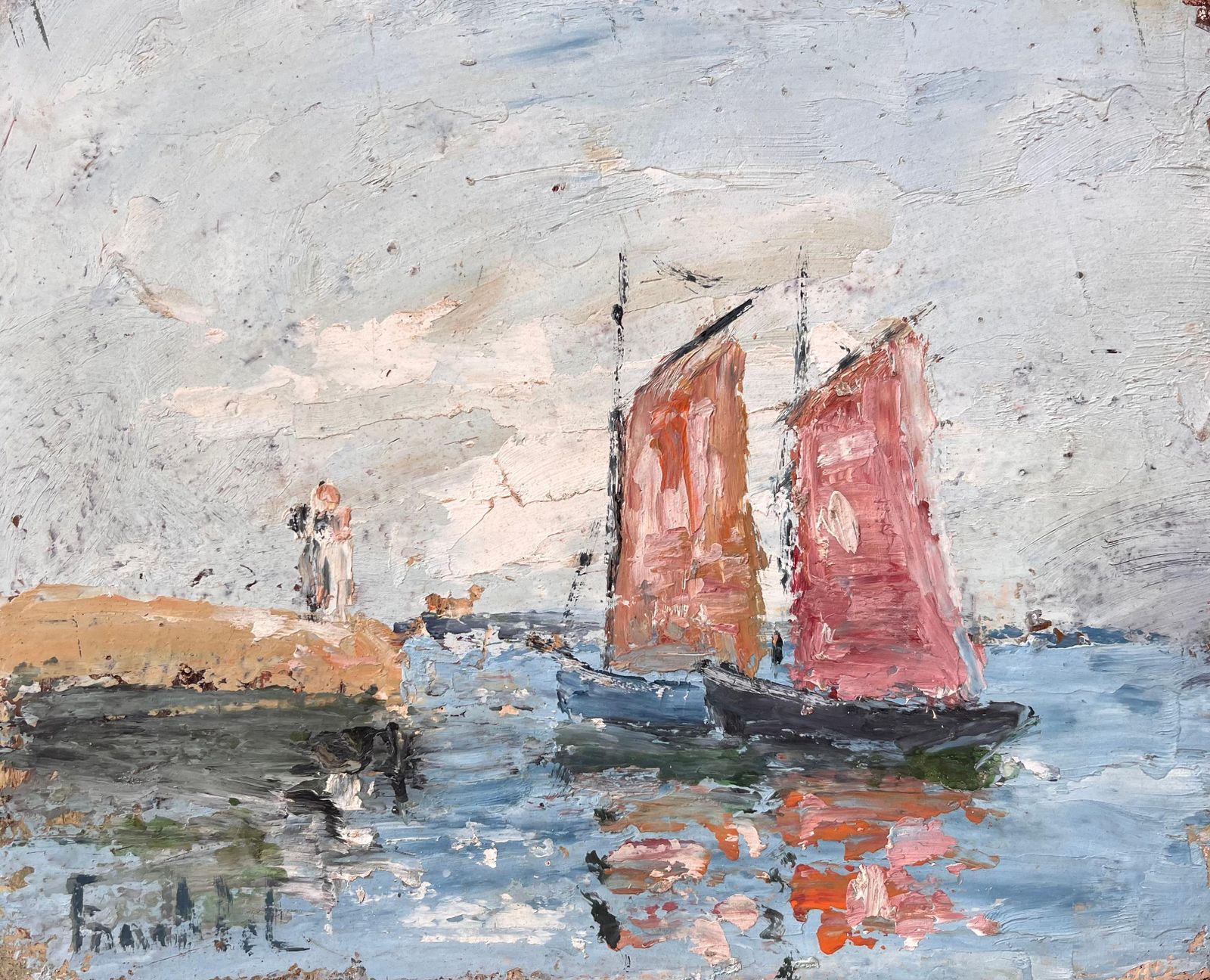 Fanch Lelfrench Impressionist Seascape With Red Sailed Boats And Lighthouse