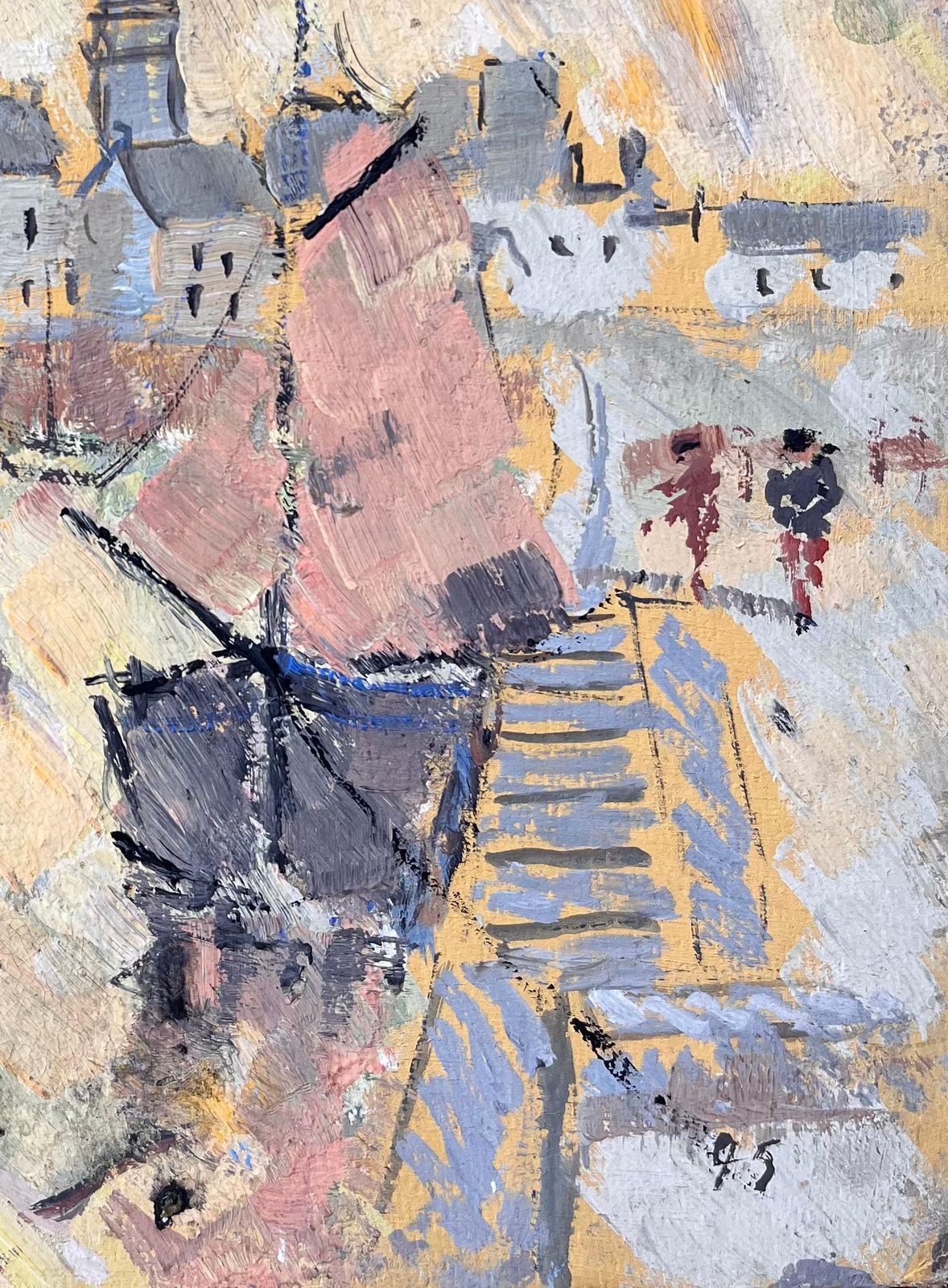 F.T Rousselfrench Abstract Port Scene Framed By Sailing Boats And Classic Town Architecture1995 photo for sale