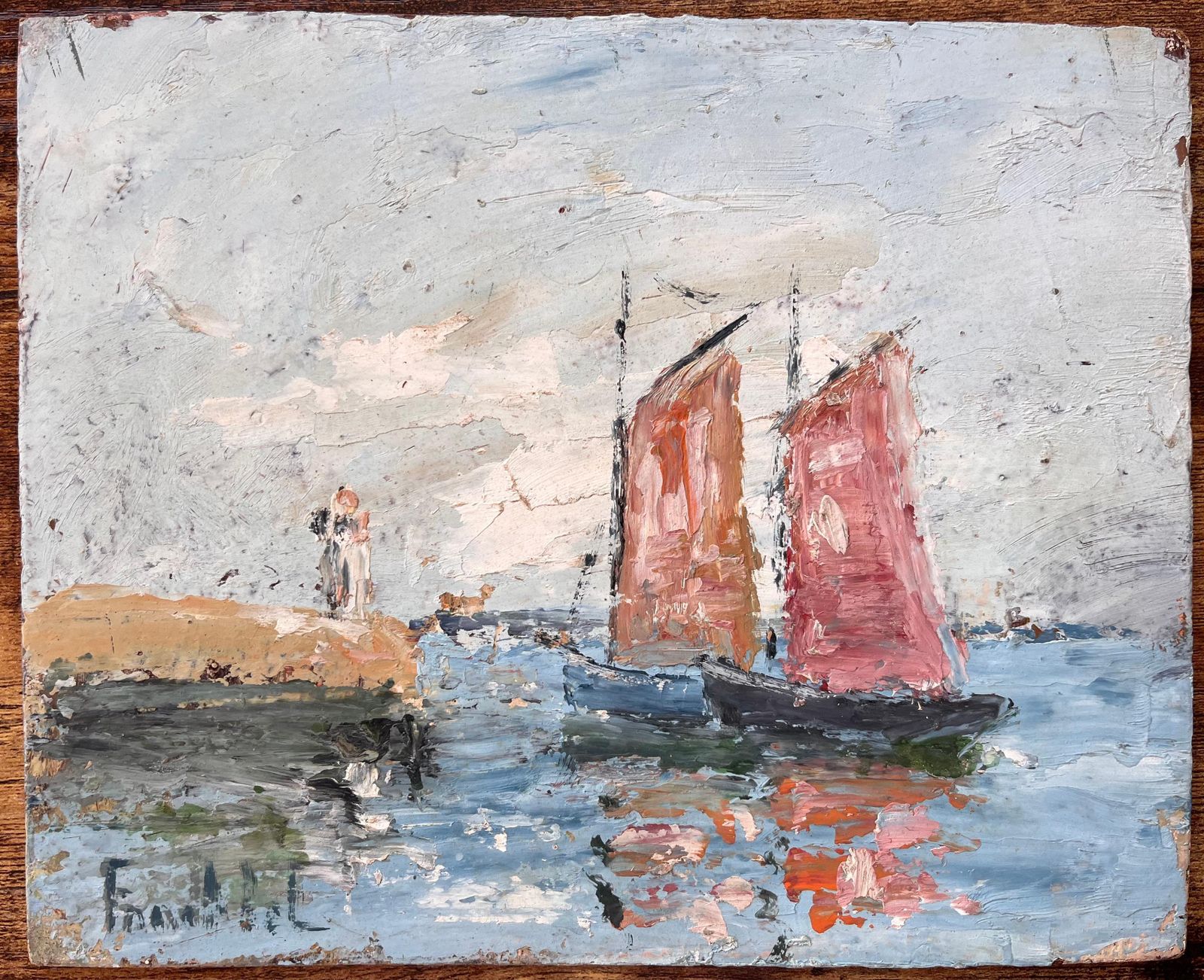 Fanch Lelfrench Impressionist Seascape With Red Sailed Boats And Lighthouse photo furniture