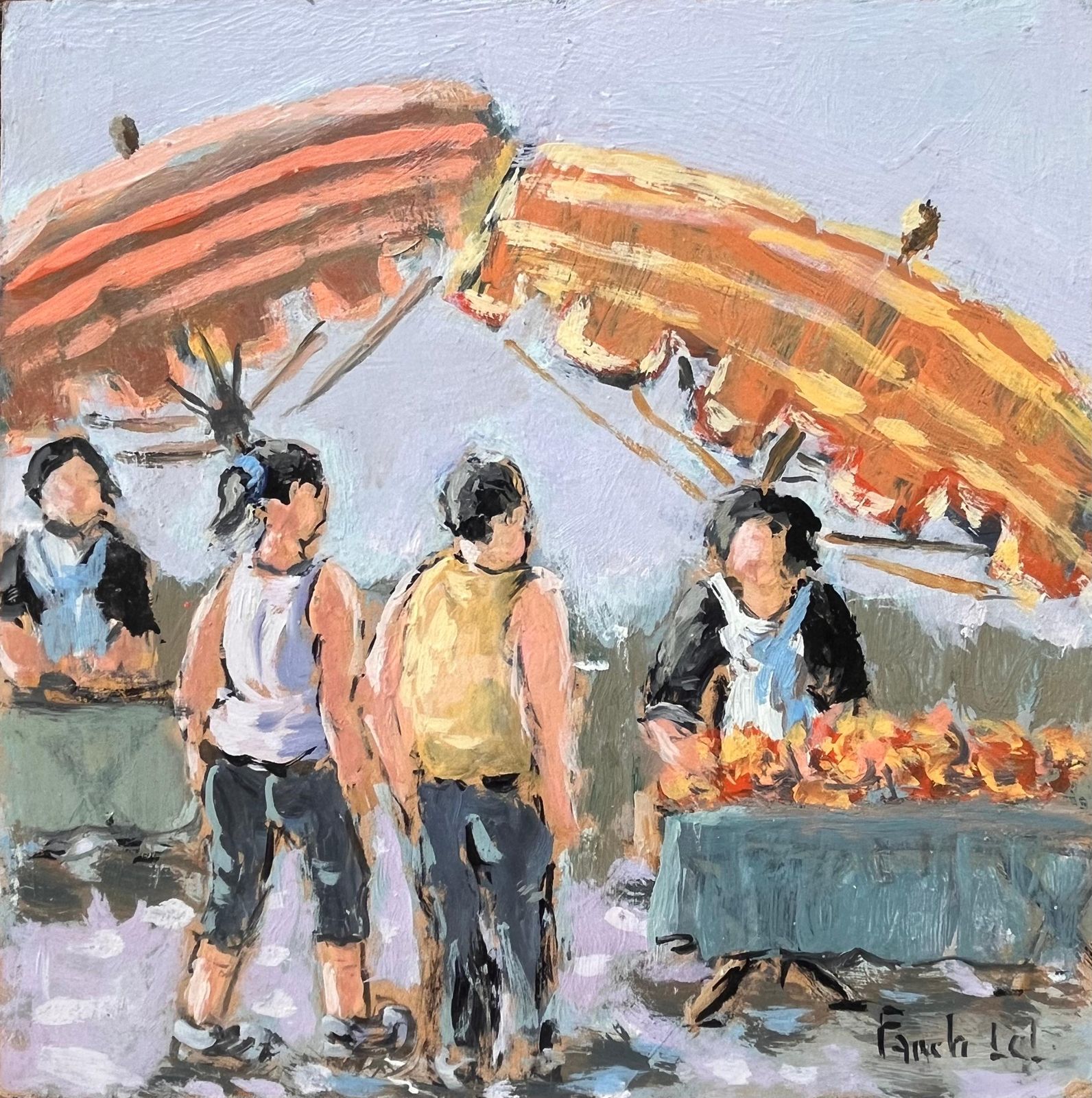 Fanch Lelimpressionist Market Scene In Dinard With Figures And Striped Parasols2009