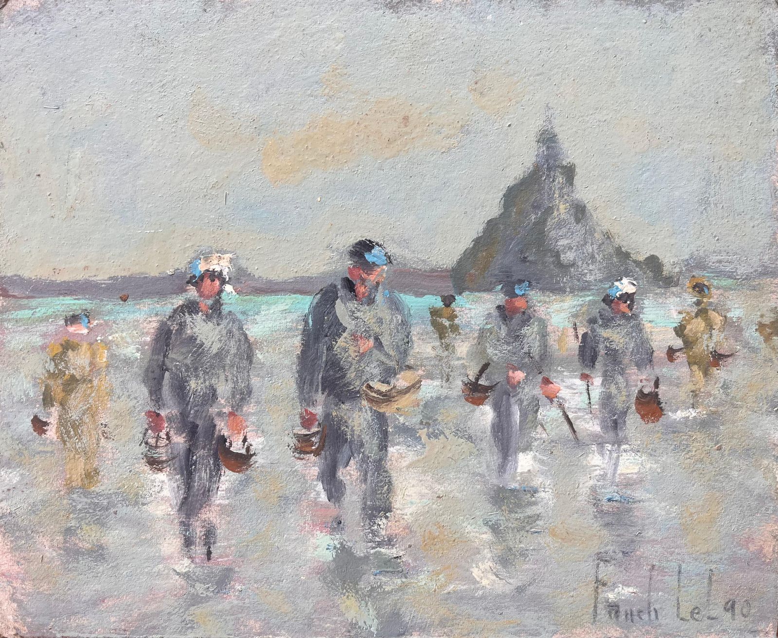 Fanch Lelcoastal Gathering Scene With Figures And Mont Saint Michel In The Distance1990