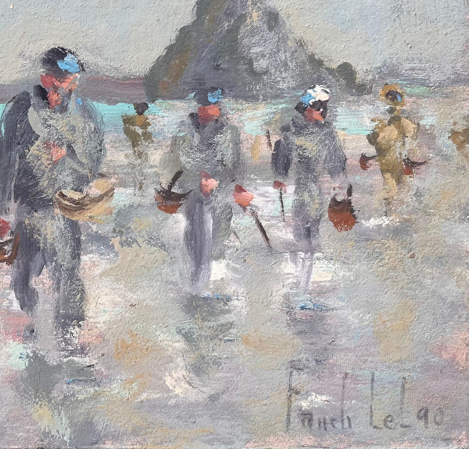 Fanch Lelcoastal Gathering Scene With Figures And Mont Saint Michel In The Distance1990 photo for sale