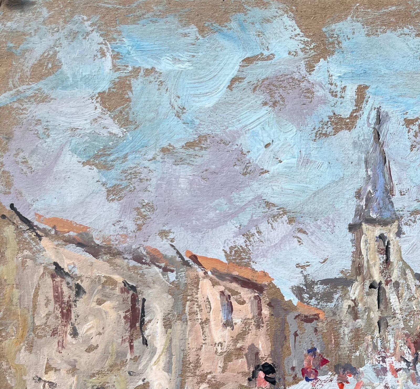 Fanch Lelfrench Village Street With Church Spire And Figures In Soft Pastels1995 photo for sale