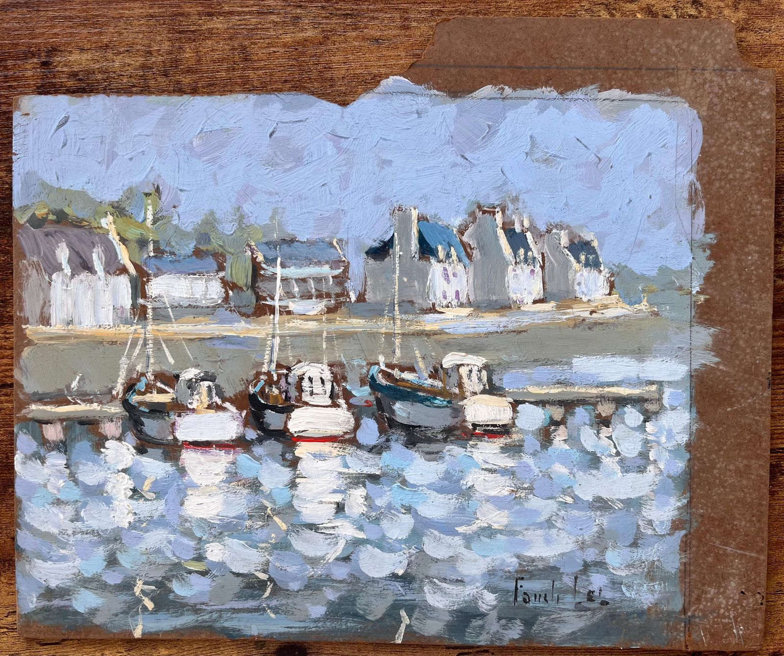 Fanch Lelaudierne French Impressionist Painting Of Boats And Harbour Reflections1999 photo furniture