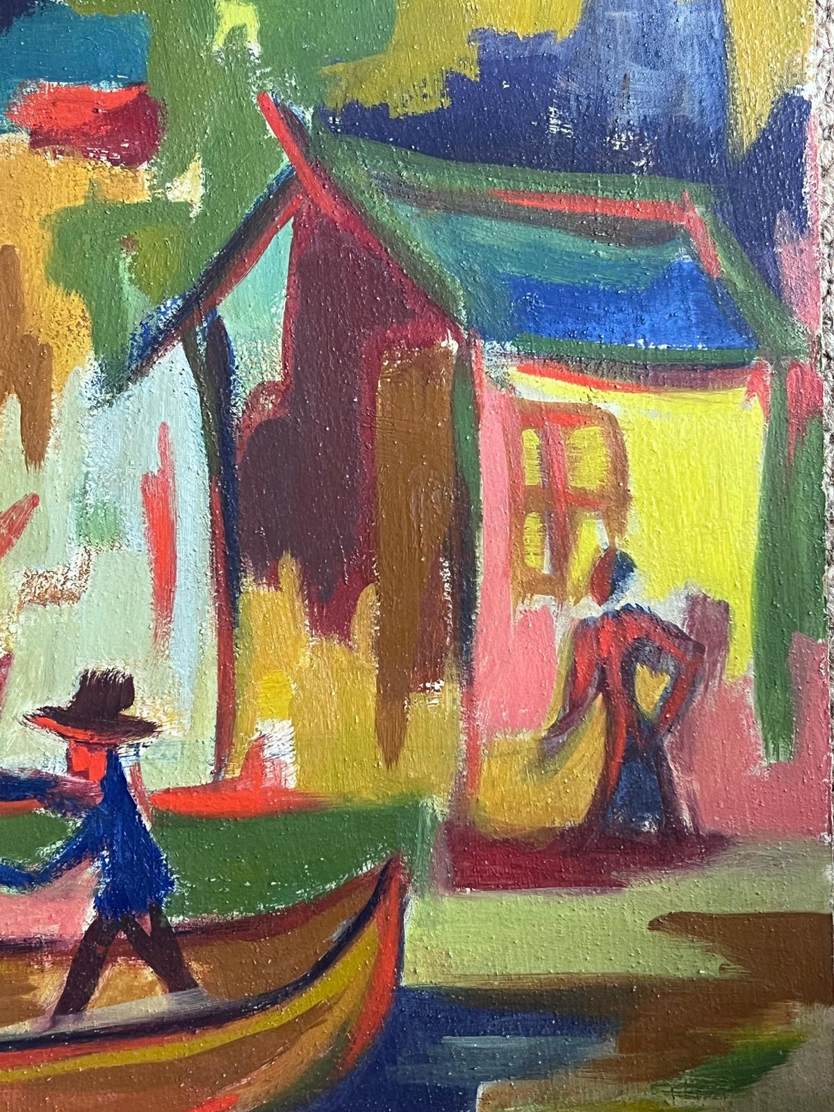 Raymond Guidotoriginal 20th Century French Modernist Oil Painting Man In Punt Boat By Houses photo for sale