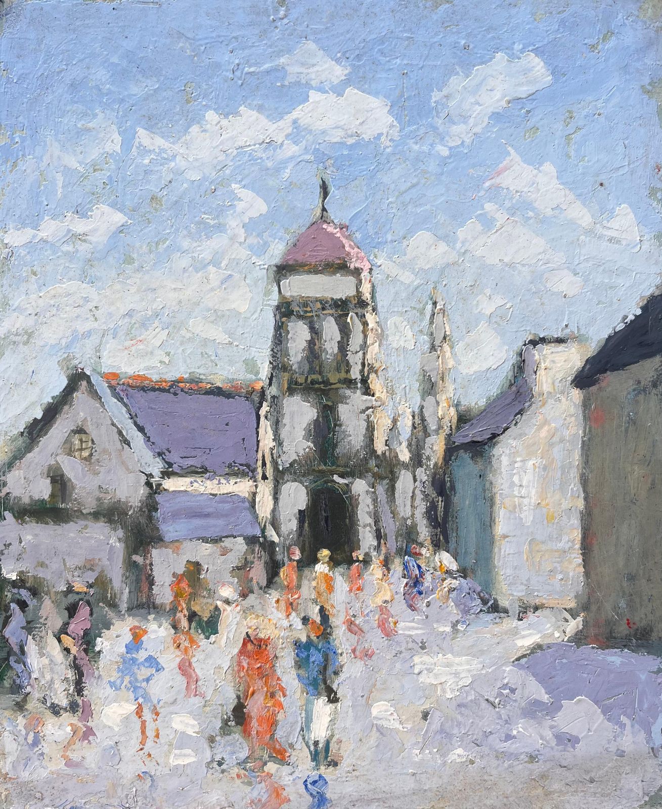 Fanch Lelfrench Village Procession With Church Tower And Colourful Figures Under Blue Sky