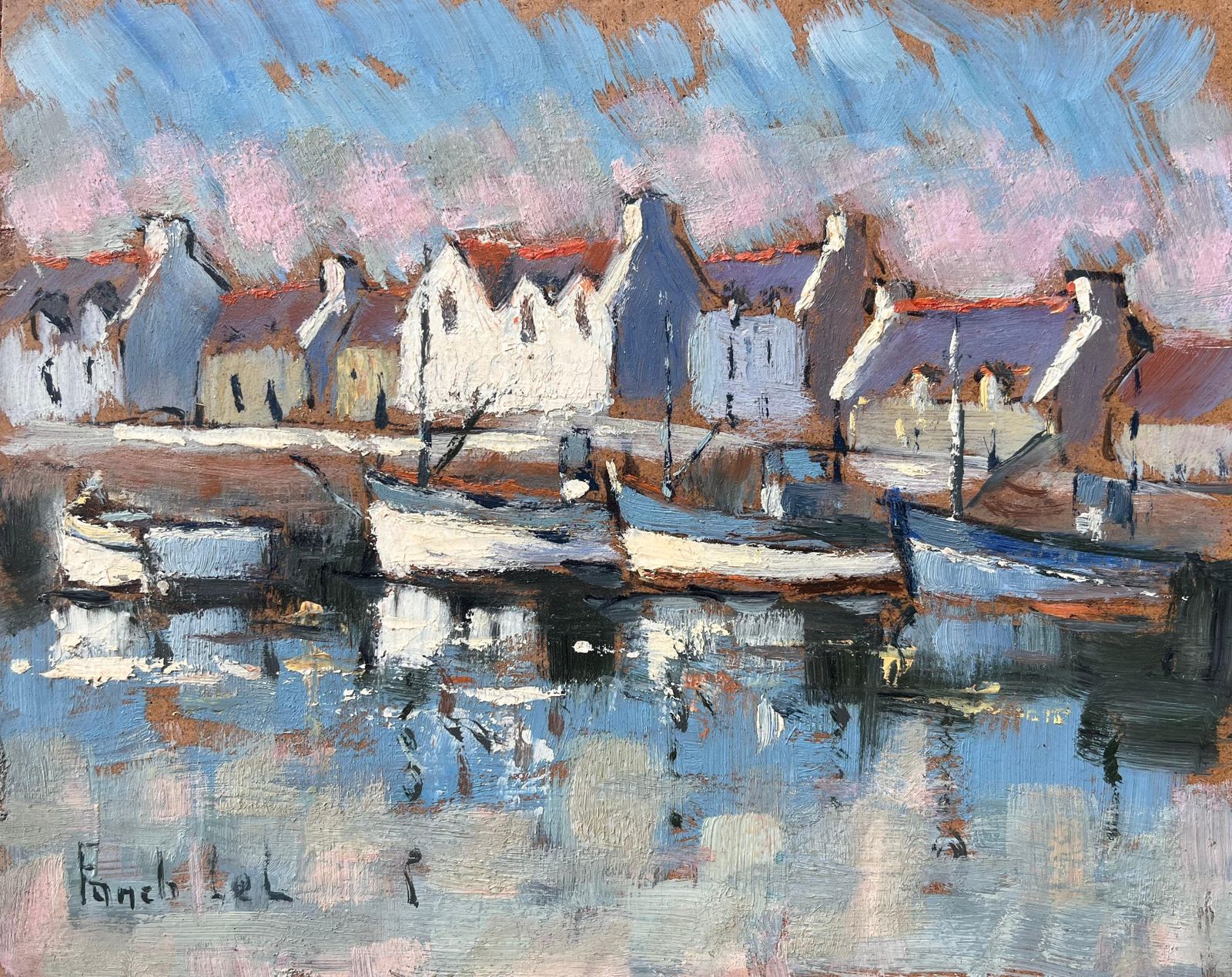 Fanch Lelfrench Harbour Scene With Moored Boats And Village Houses At Sunset