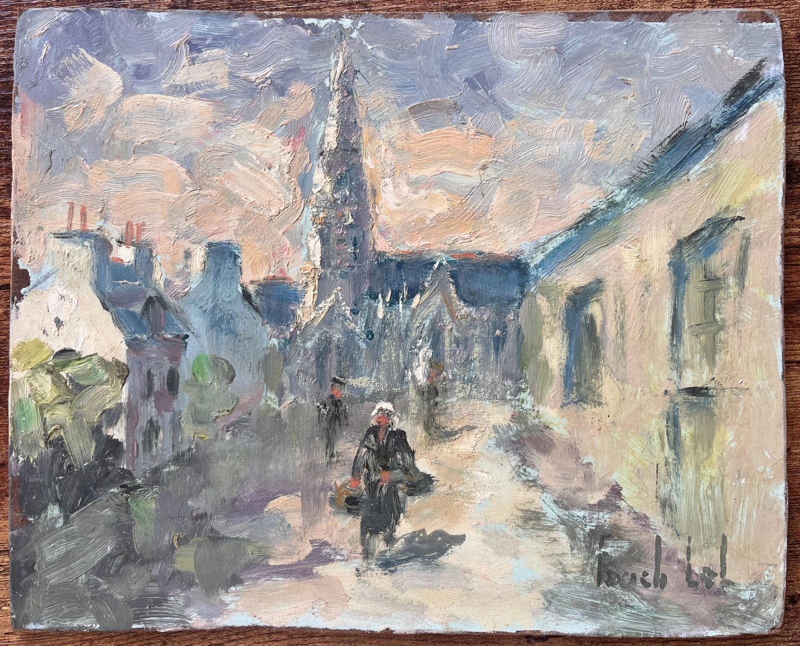 Fanch Lelst. Grawi French Impressionist Painting Of Village Street And Cathedral photo furniture