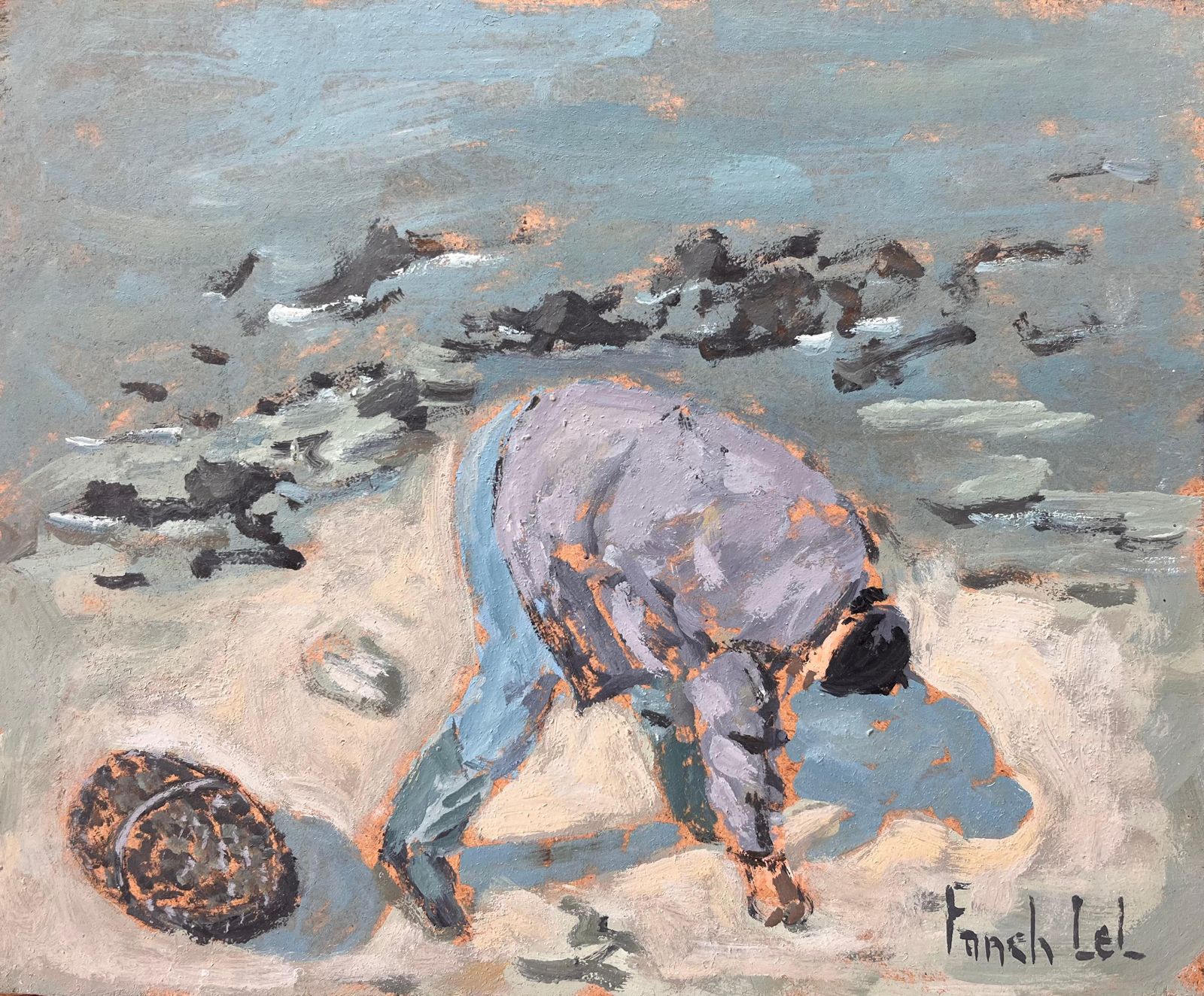 Fanch Lelle Pêcheur à Pied French Coastal Figure Painting Of Shoreline Foraging1999