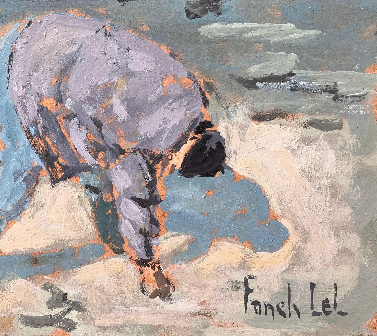 Fanch Lelle Pêcheur à Pied French Coastal Figure Painting Of Shoreline Foraging1999 photo for sale
