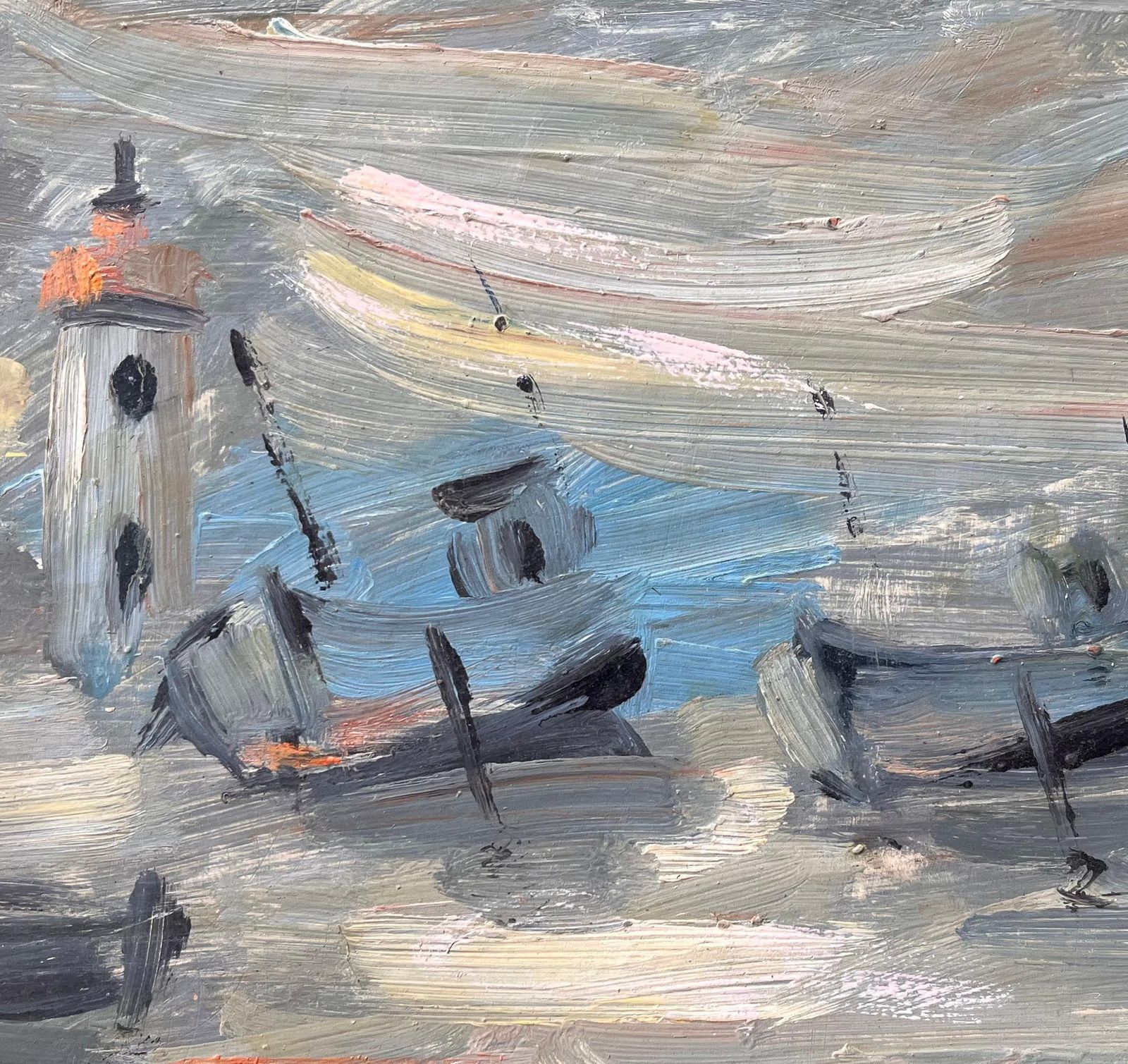 Fanch Lelbateaux French Impressionist Oil Painting Of Fishing Boats And Lighthouse photo buy