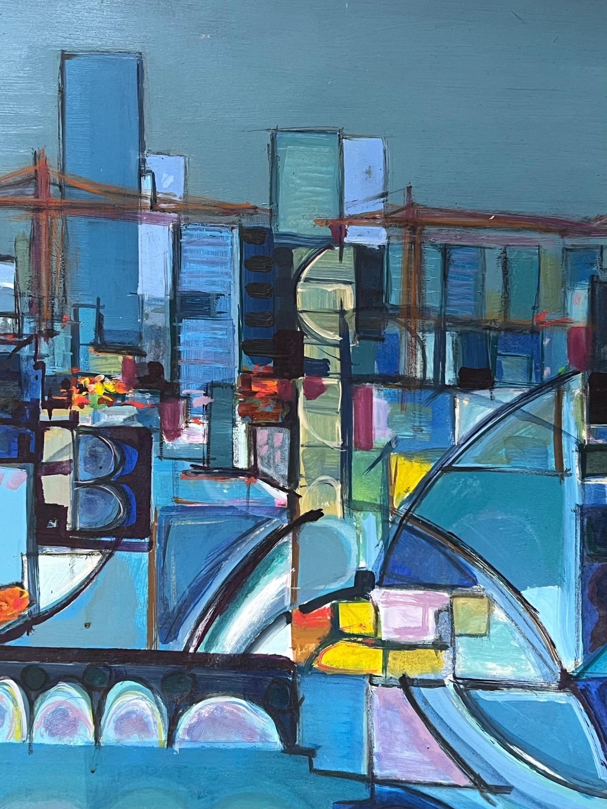 H. De Sainte Foihuge 20th Century French Cubist Abstract Cityscape In Blue Amazing Colors photo furniture