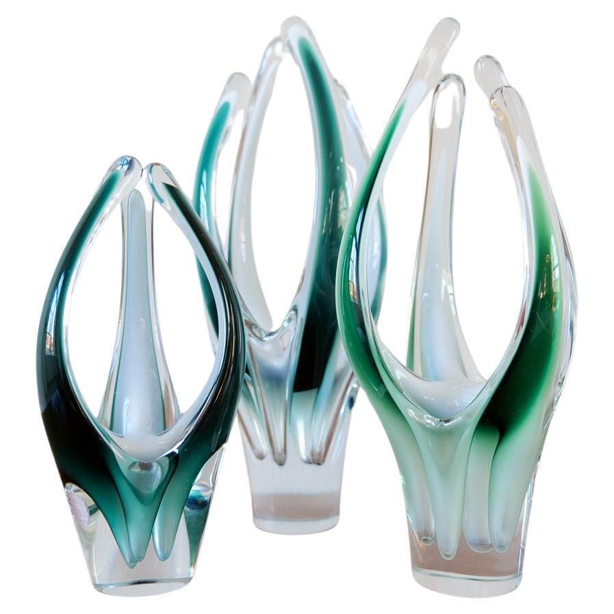 Midcentury Modern Set Of 3 Art Glass Pieces "Coquille" , Flygfors Sweden 1955