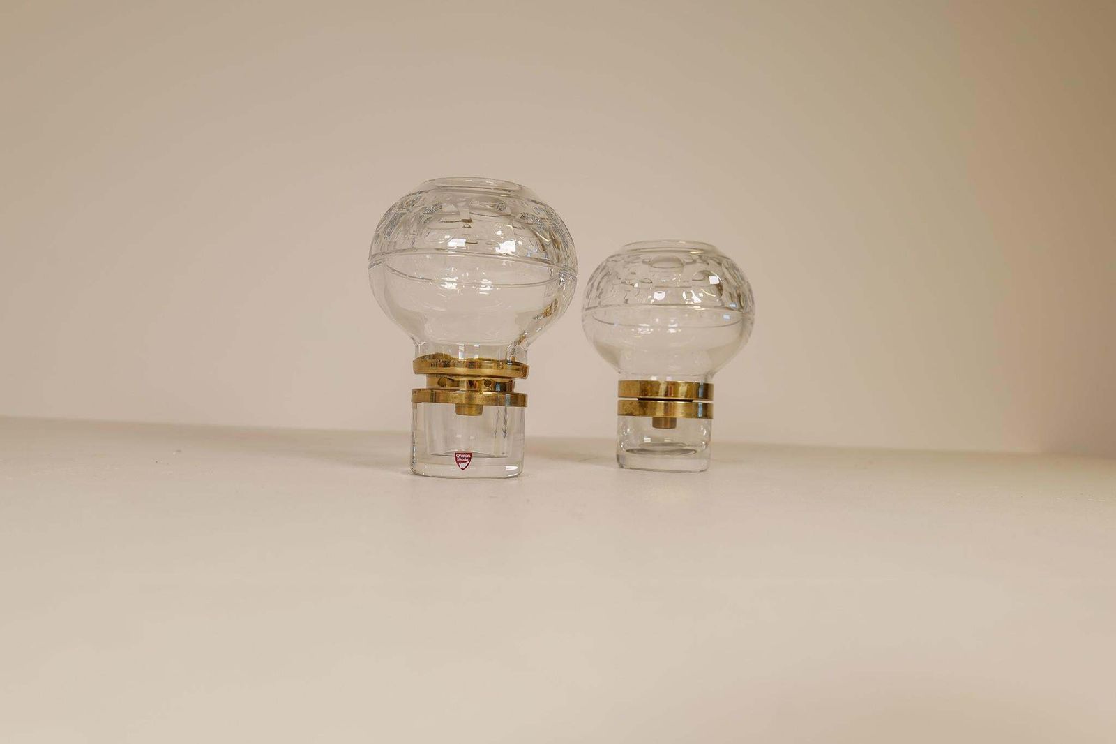 Scandinavian Modern Pair Of Heavy Clear Crystal Candle Holders Orrefors Sweden photo 1029.0