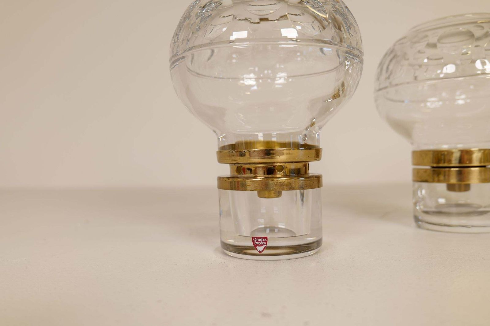 Scandinavian Modern Pair Of Heavy Clear Crystal Candle Holders Orrefors Sweden photo buy