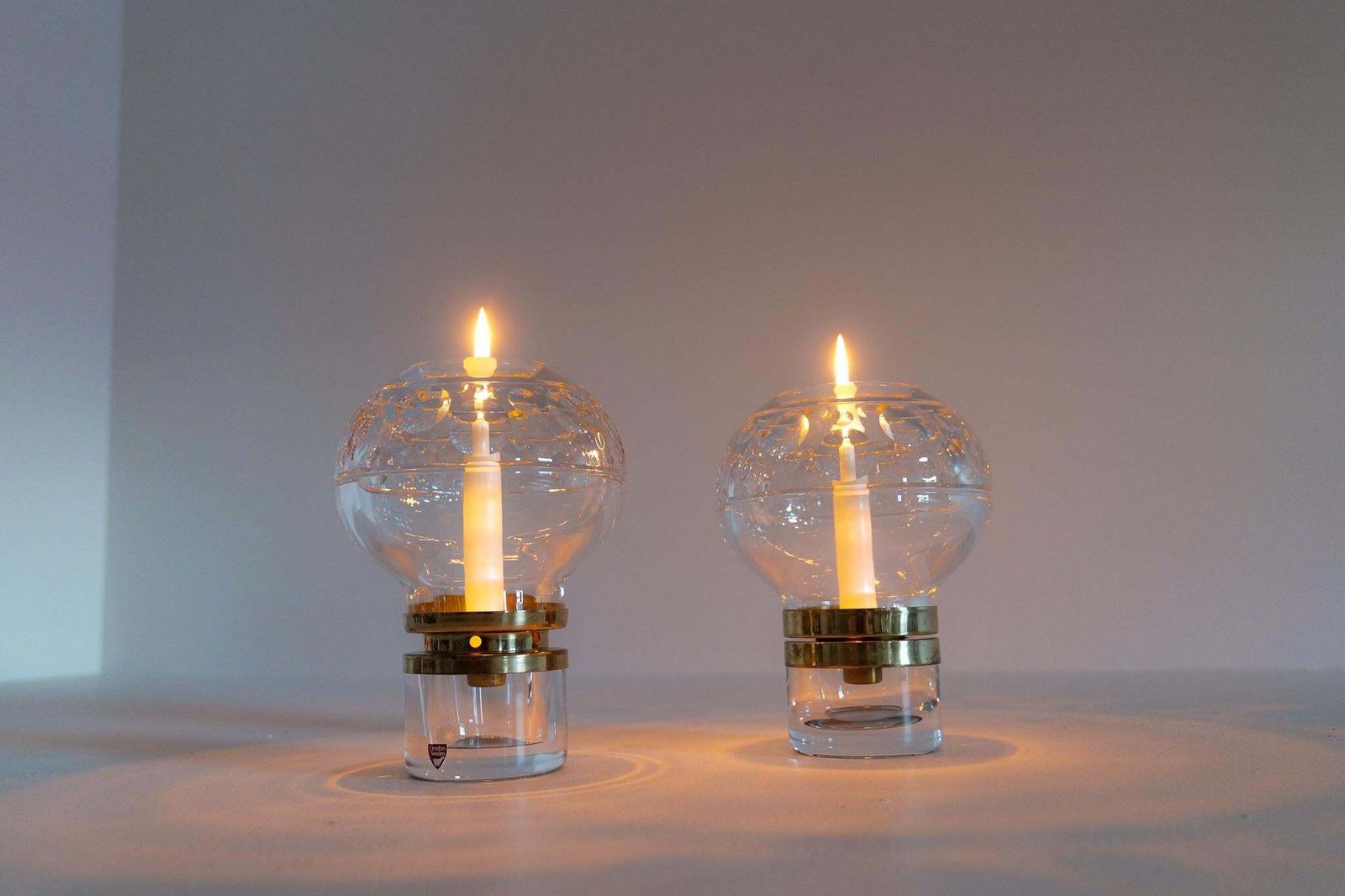photo furniture Scandinavian Modern Pair Of Heavy Clear Crystal Candle Holders Orrefors Sweden