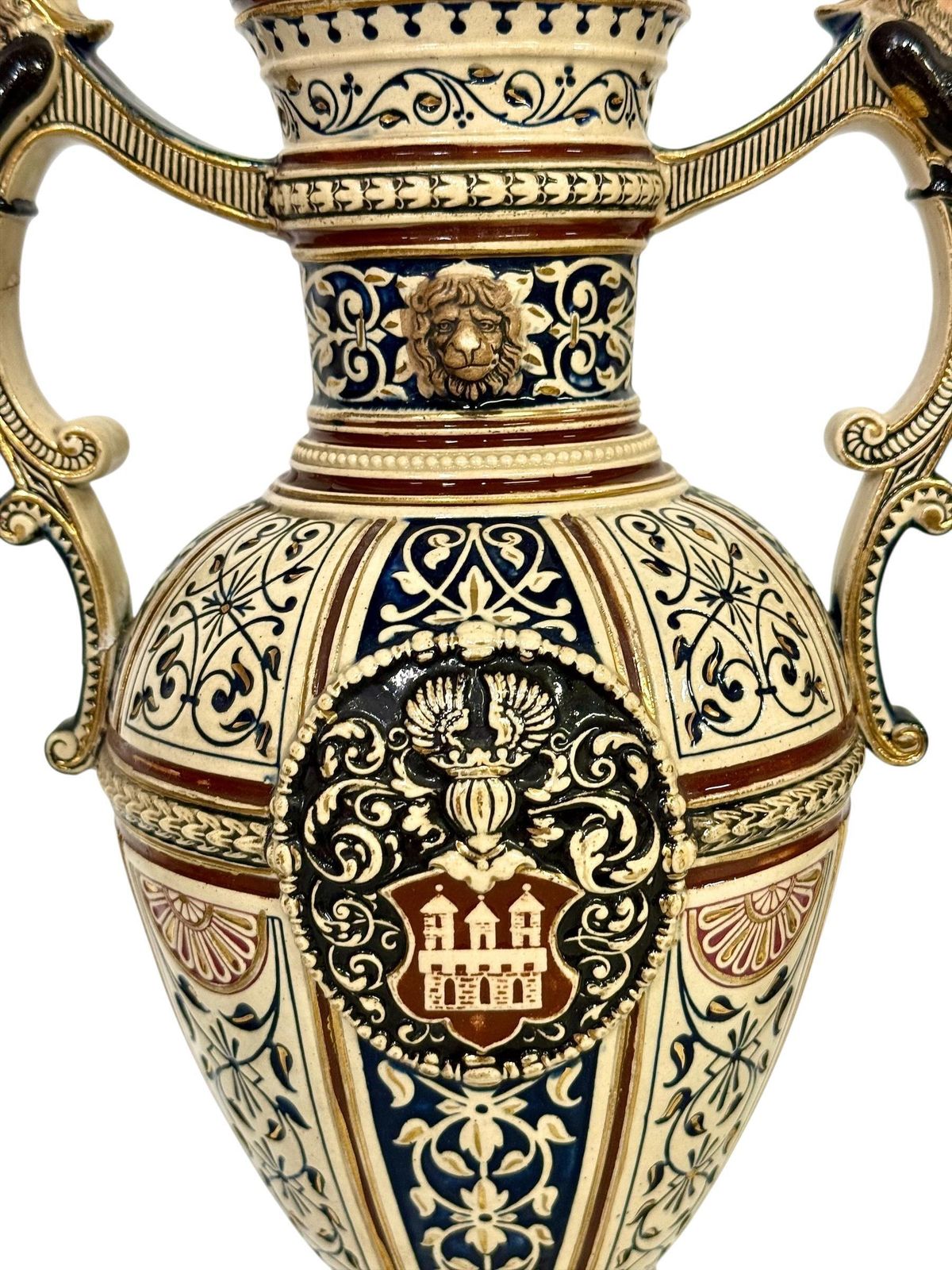 photo furniture Pair Of 19th Century Renaissance Revival Faience Vases With Heraldic Crests