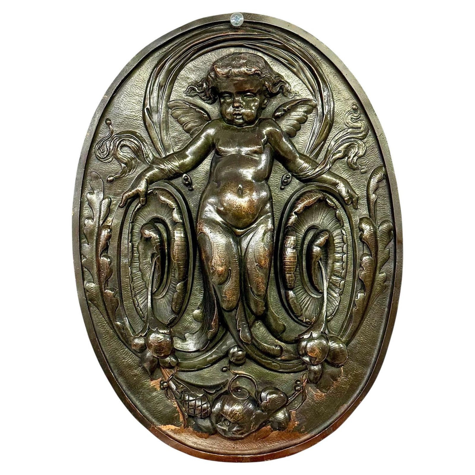 19th Century French Bronze Plaque With Winged Putto And Acanthus