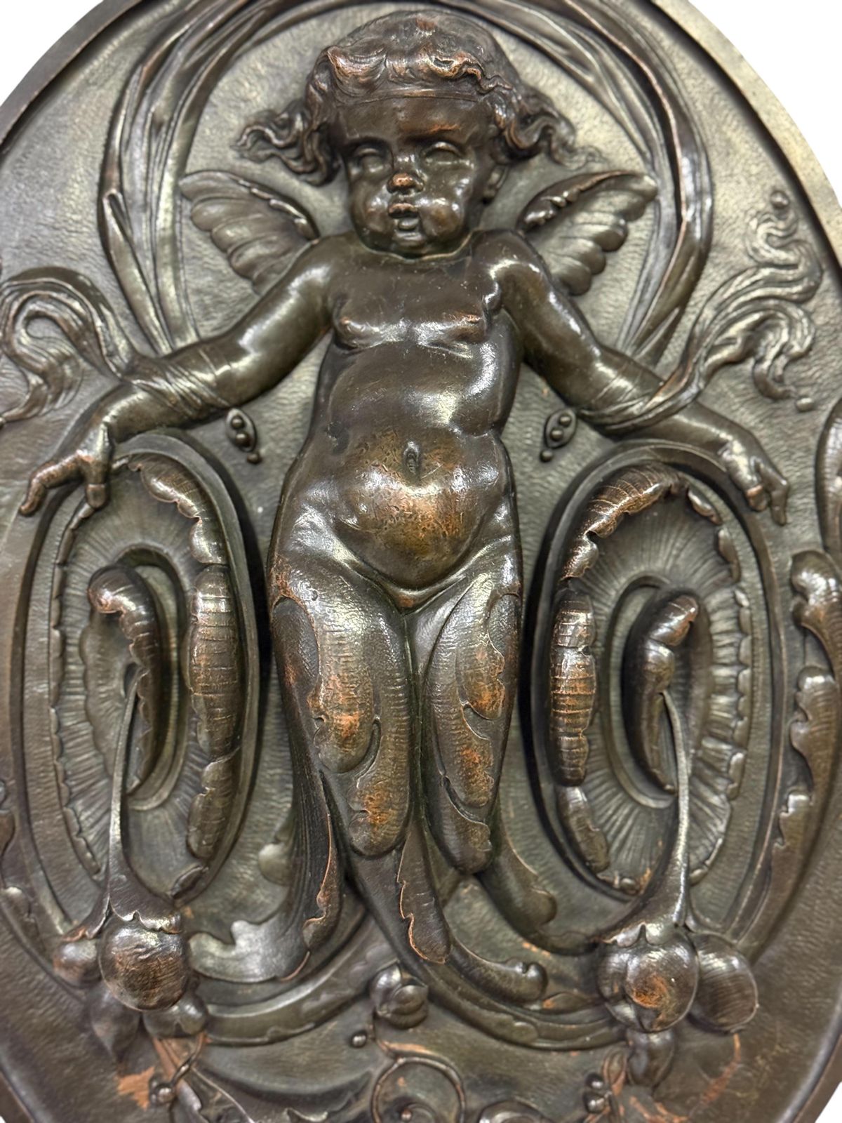 19th Century French Bronze Plaque With Winged Putto And Acanthus photo furniture