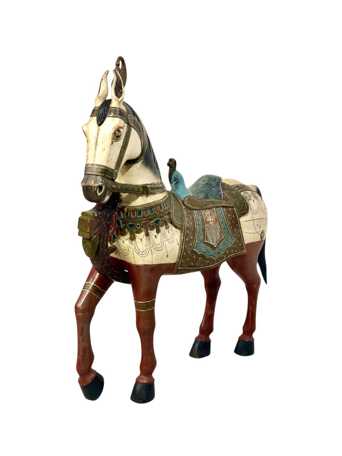 Pair Of Large Hand Painted Indian Horses With Peacock Saddles photo vinterior