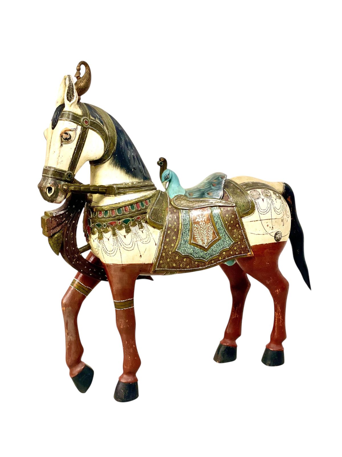 Pair Of Large Hand Painted Indian Horses With Peacock Saddles photo buy